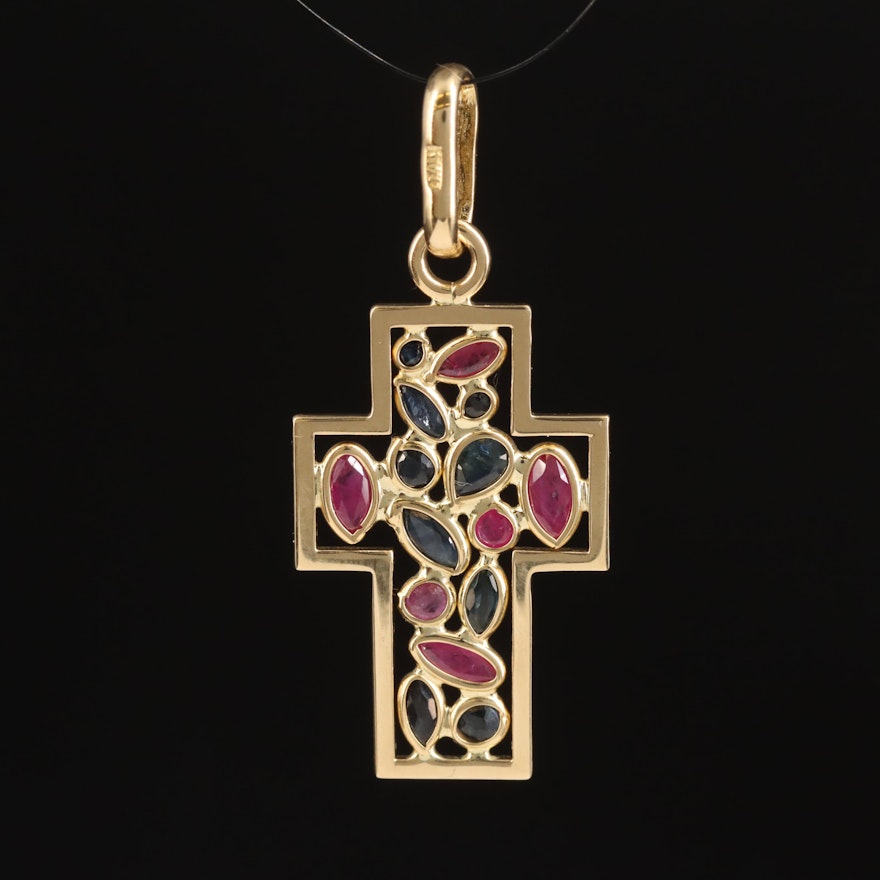 Italian 18K Ruby and Sapphire Cross Pendant