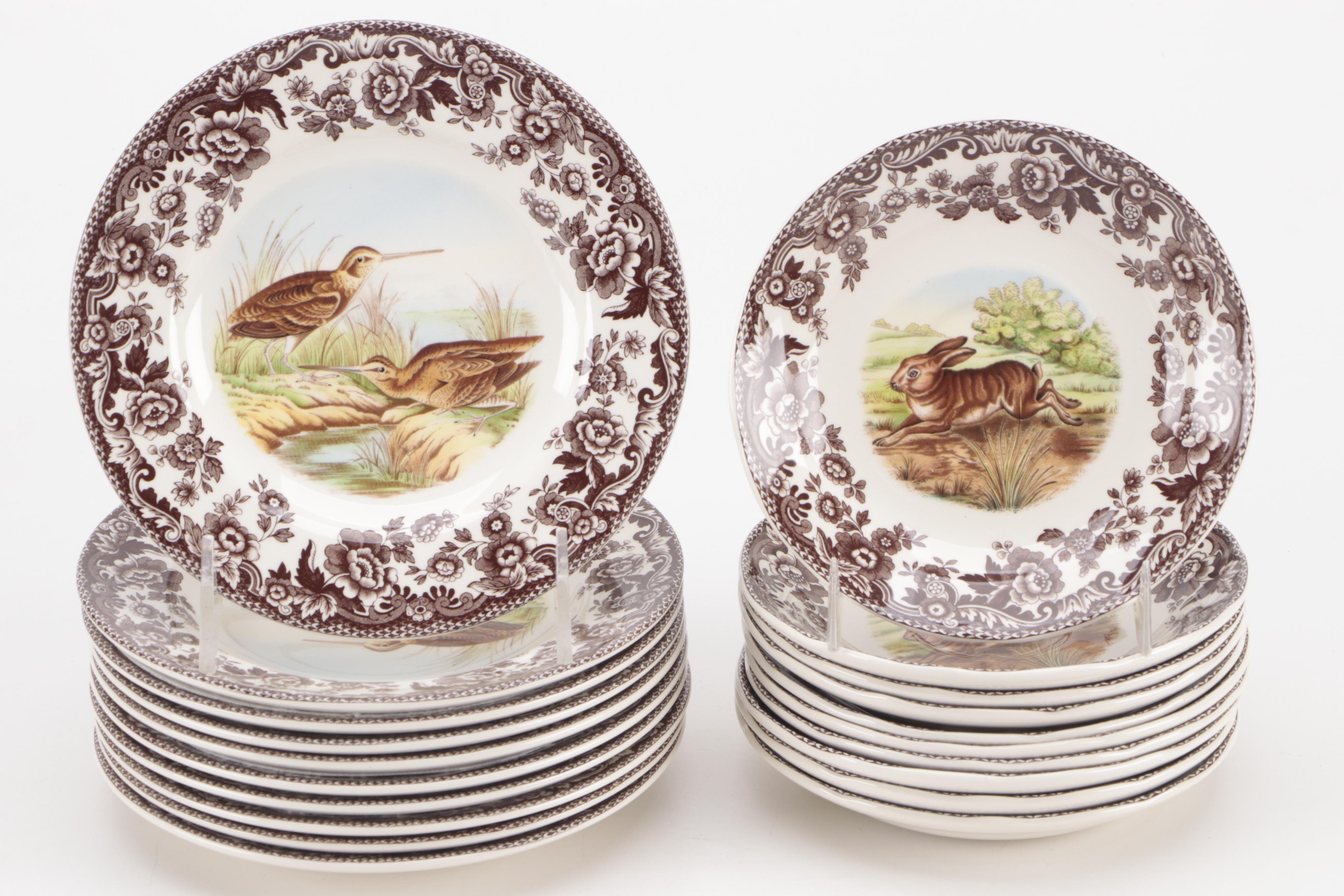Spode "Woodland" Dinnerware and Flat Cups with Saucers