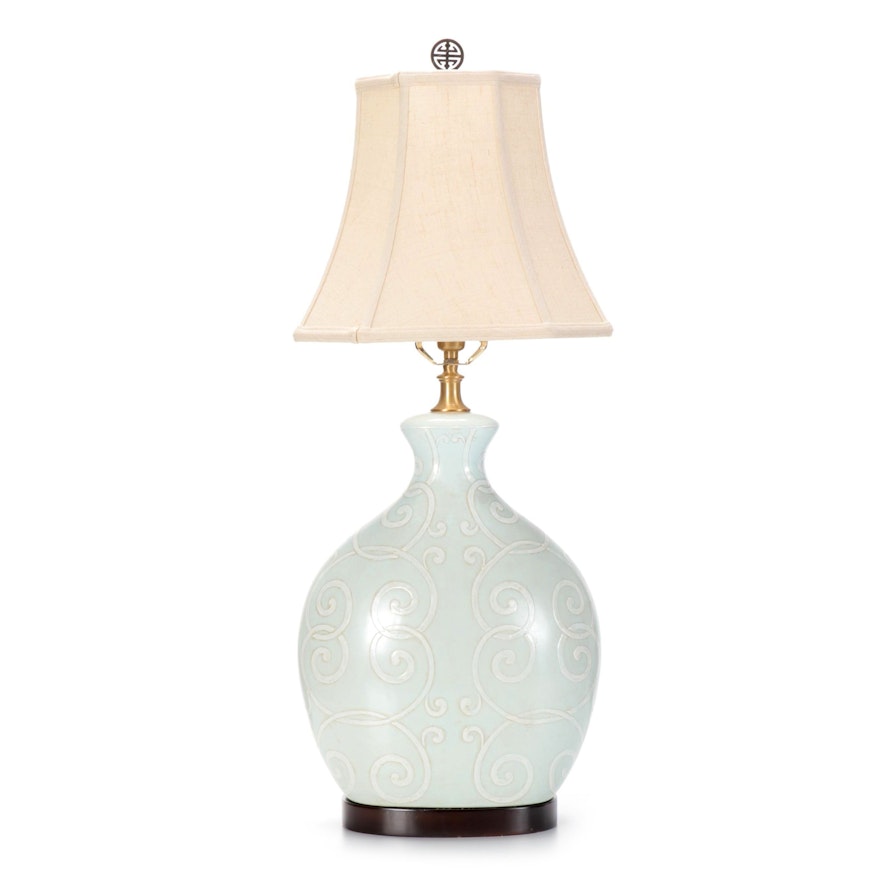 Oriental Accent Slip-Decorated Ceramic Table Lamp, Contemporary