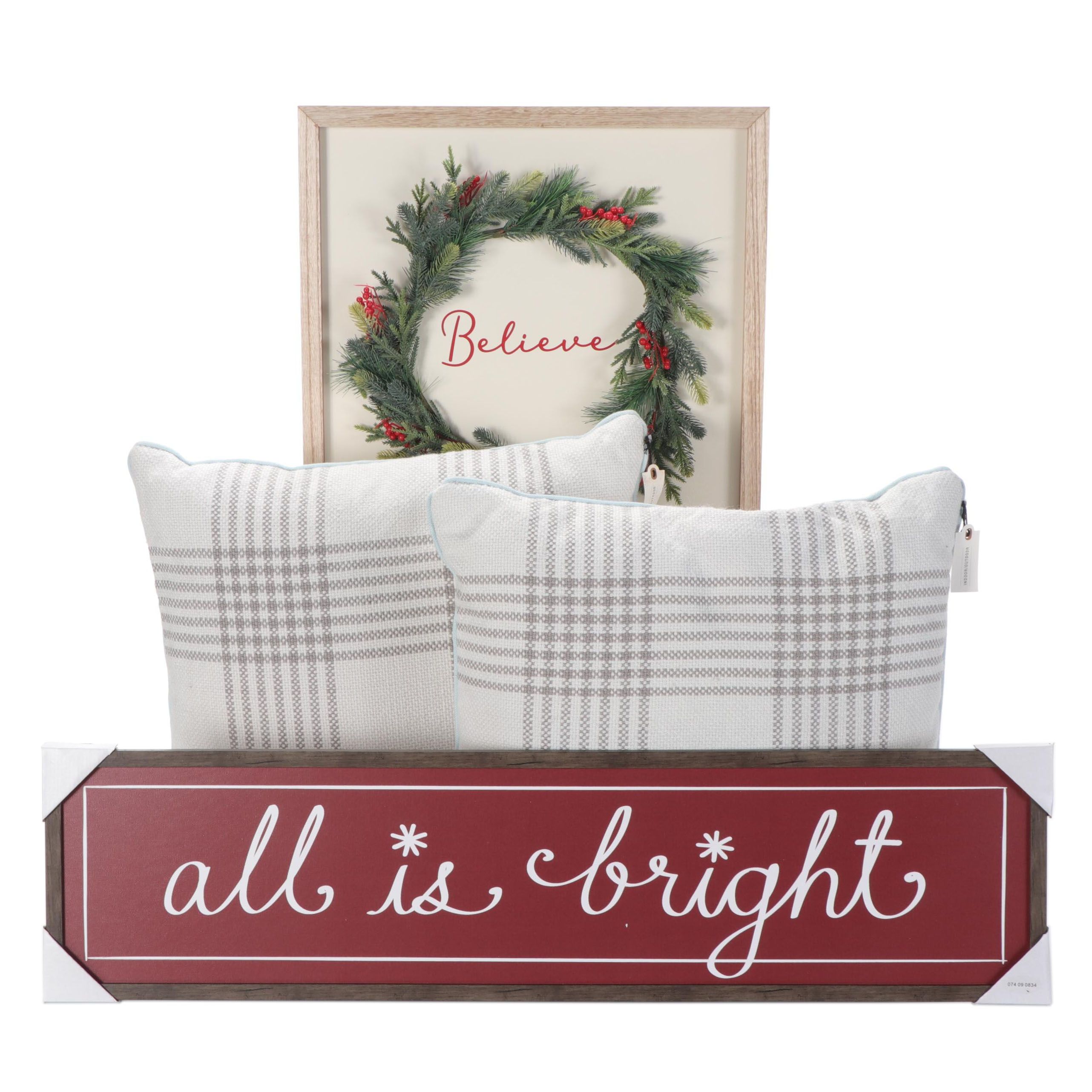 Threshold Christmas Motif Wall Signs and Plaid Throw Pillows