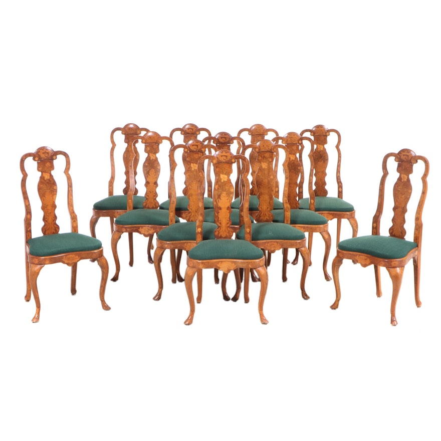 Twelve Dutch Walnut, Ash, and Marquetry Side Chairs, 20th Century