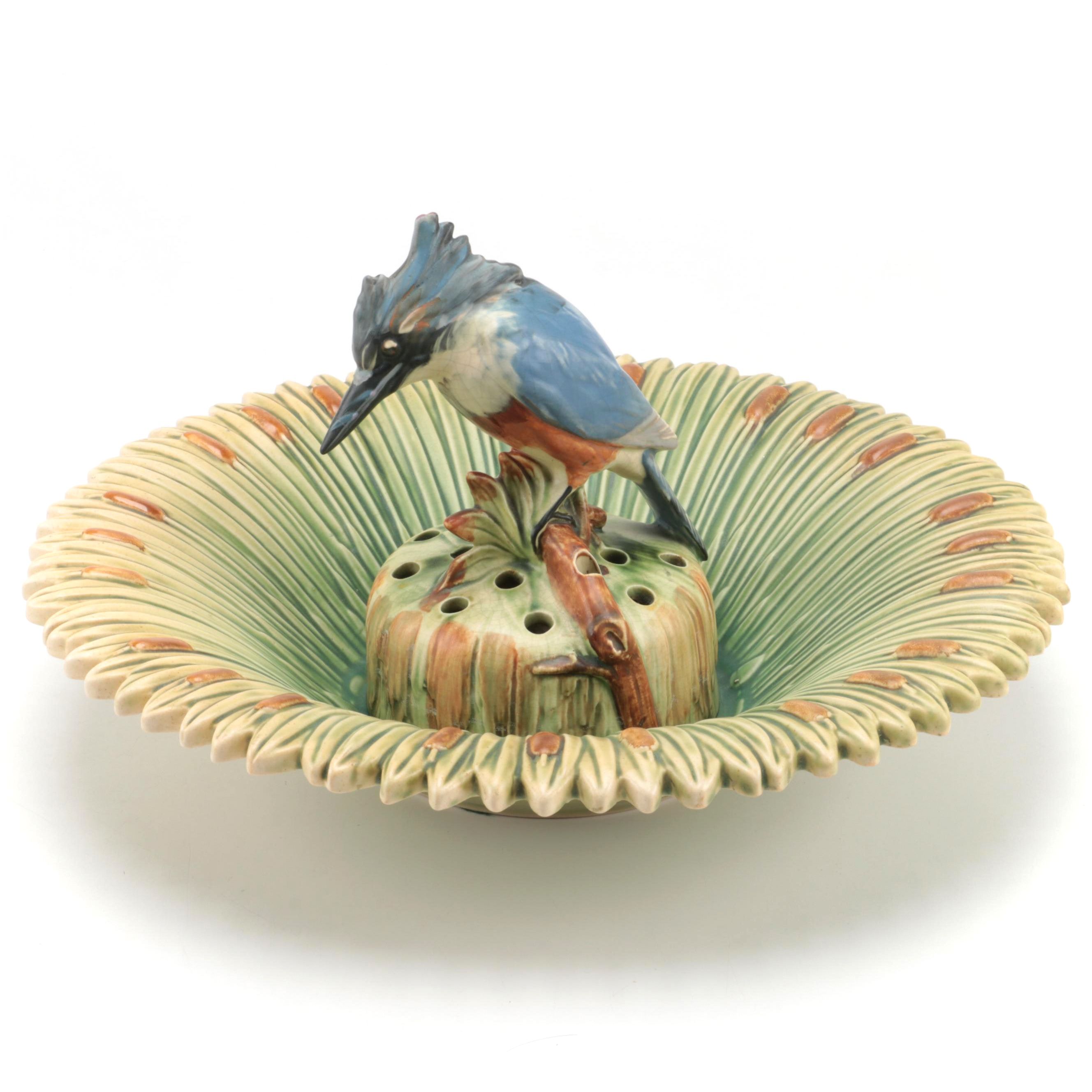 Weller Pottery "Ardsley" Cattail Bowl and "Kingfisher" Flower Frog, 1920–1928