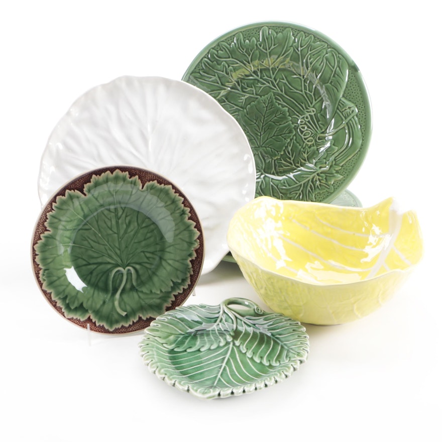 Portuguese Majolica Leaf Form Plates and Bowl