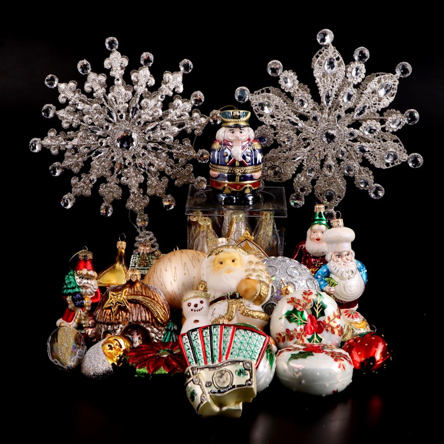 Goebel, Ameri and Other Blown Glass Ornaments with Tree Toppers