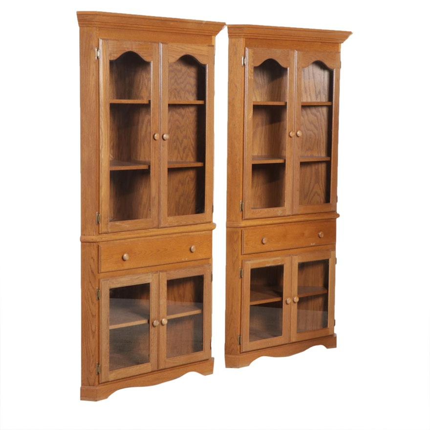 Pair of Oak Corner Display Cabinets, Late 20th to 21st Century