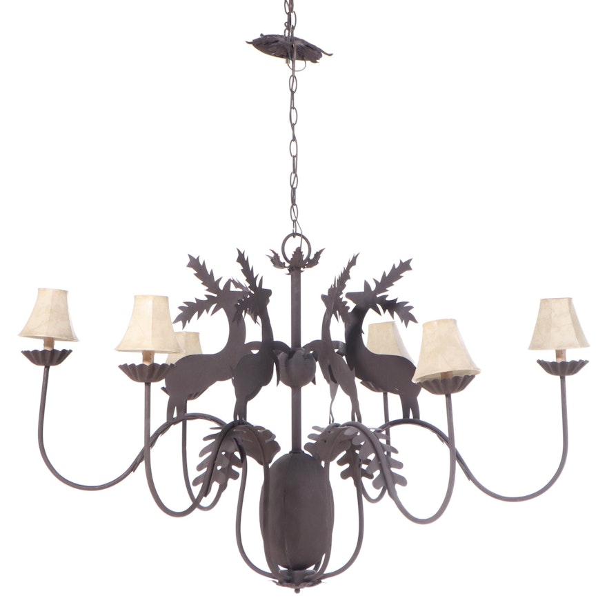Large Metal Six-Arm Chandelier with Reindeer Cutouts
