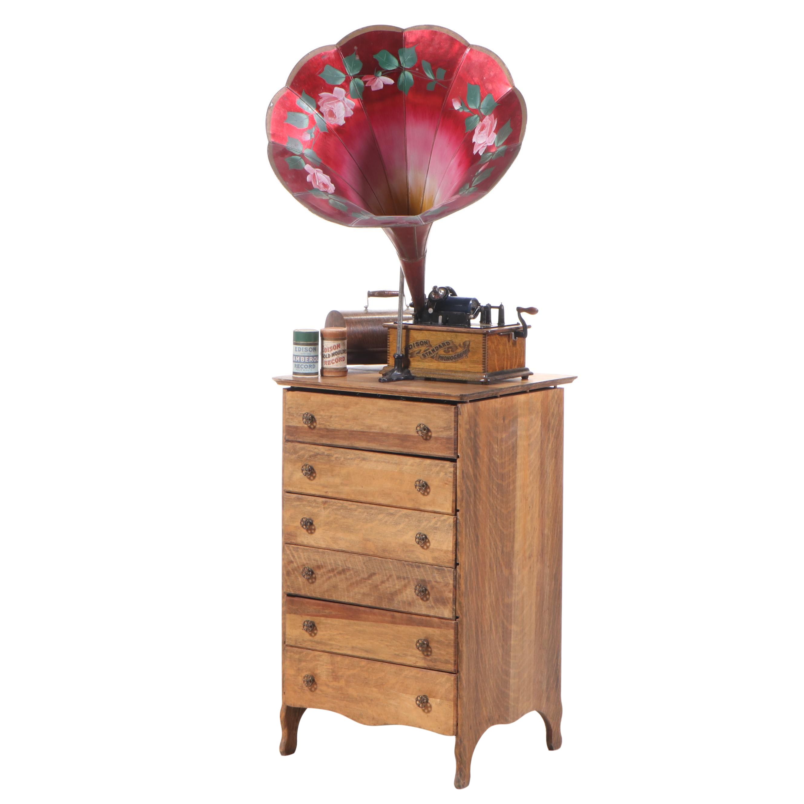 Edison Cylinder Phonograph with Oak Stand and Cylinder Rolls