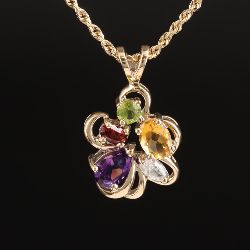 14K Amethyst, Citrine, Peridot, Garnet and Swarovski Zirconia Pendant Necklace