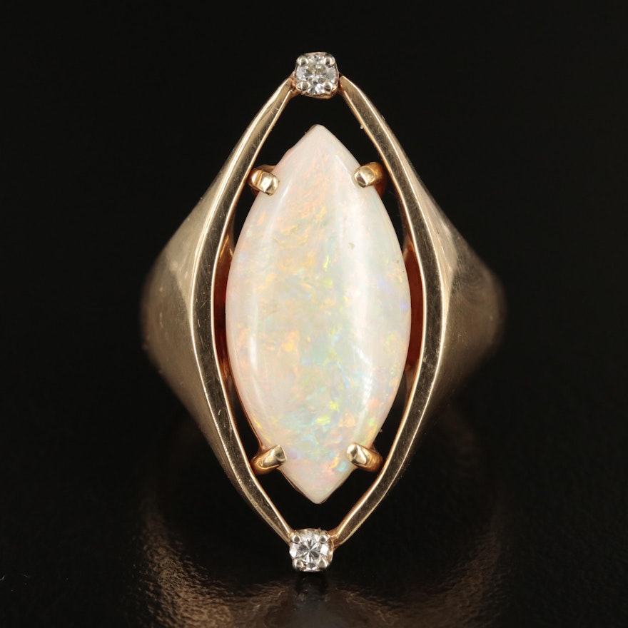 1960s 14K Opal and Diamond Navette Ring
