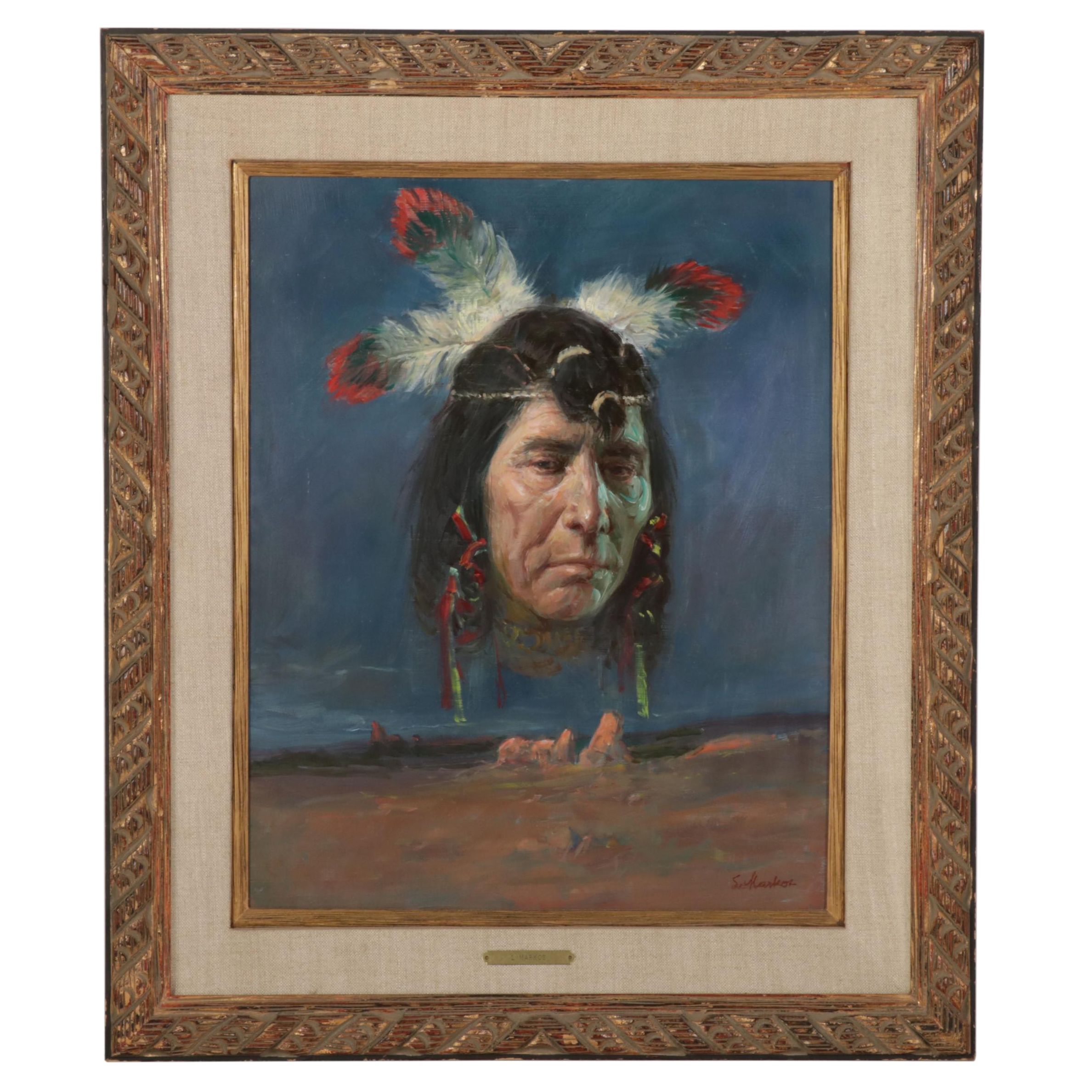Lajos Markos Oil Study of Native American Head in Western Sky