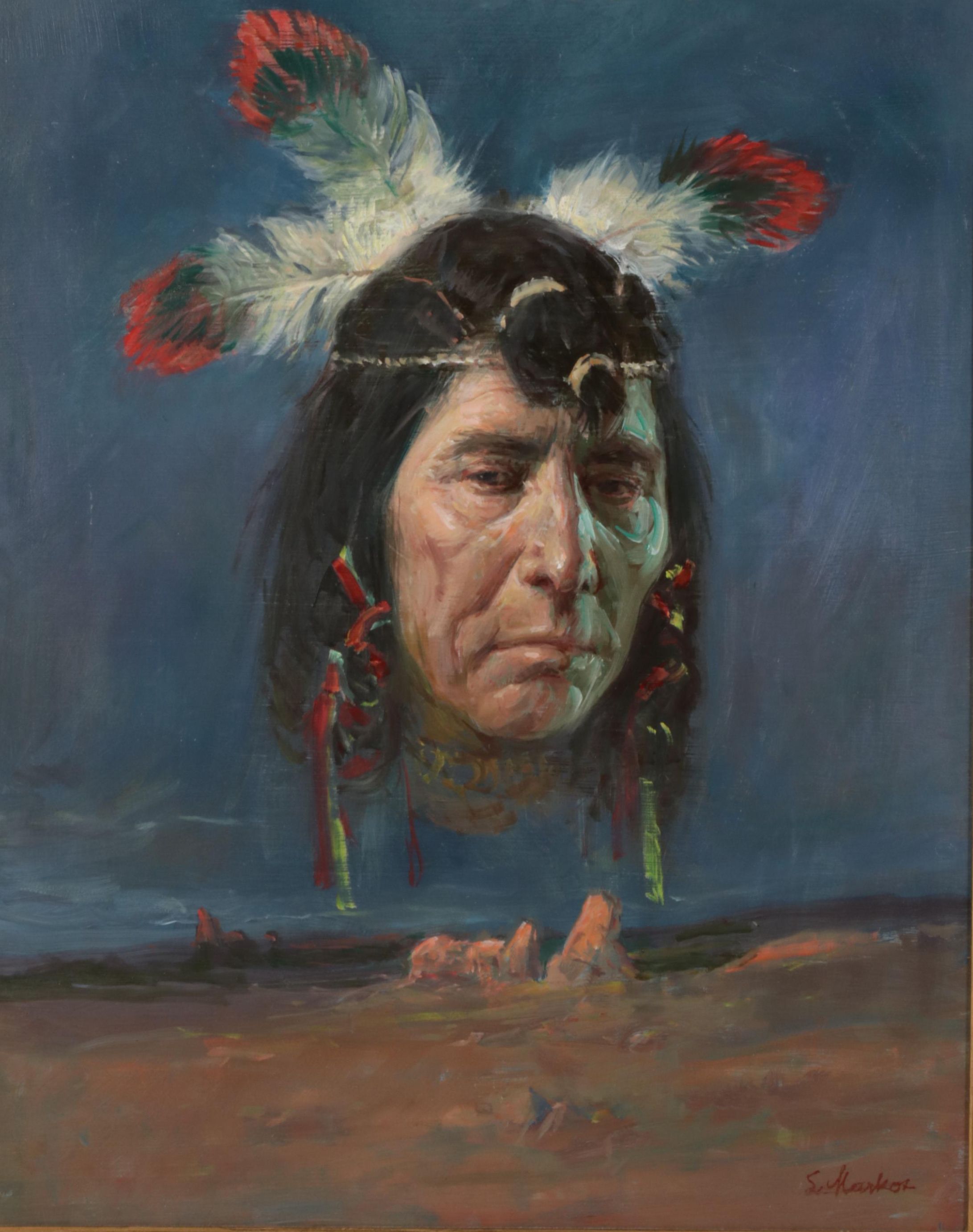 Lajos Markos Oil Study of Native American Head in Western Sky