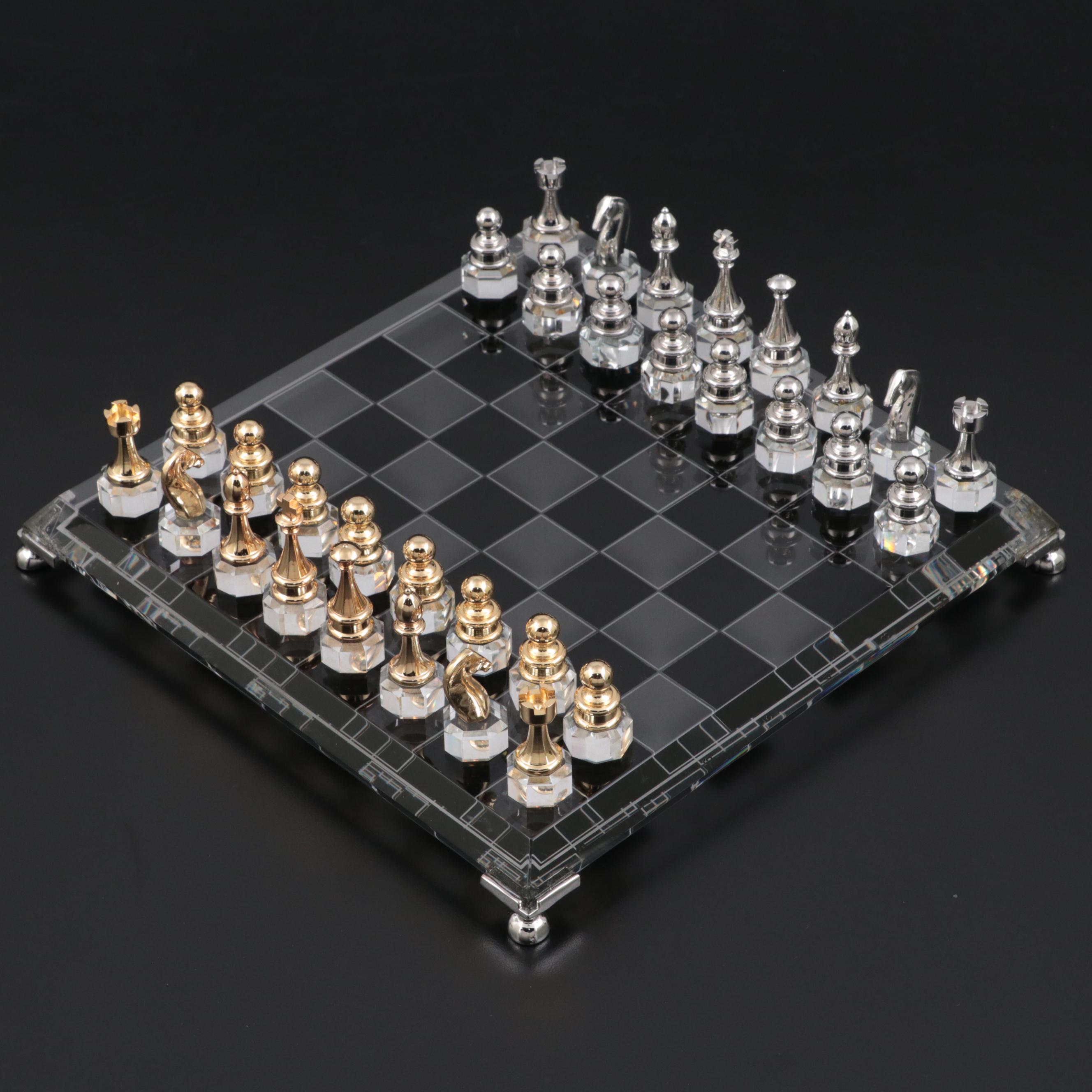 24K Gold Plate, Silver Plate and Crystal Chess Set Crystal Chess Board
