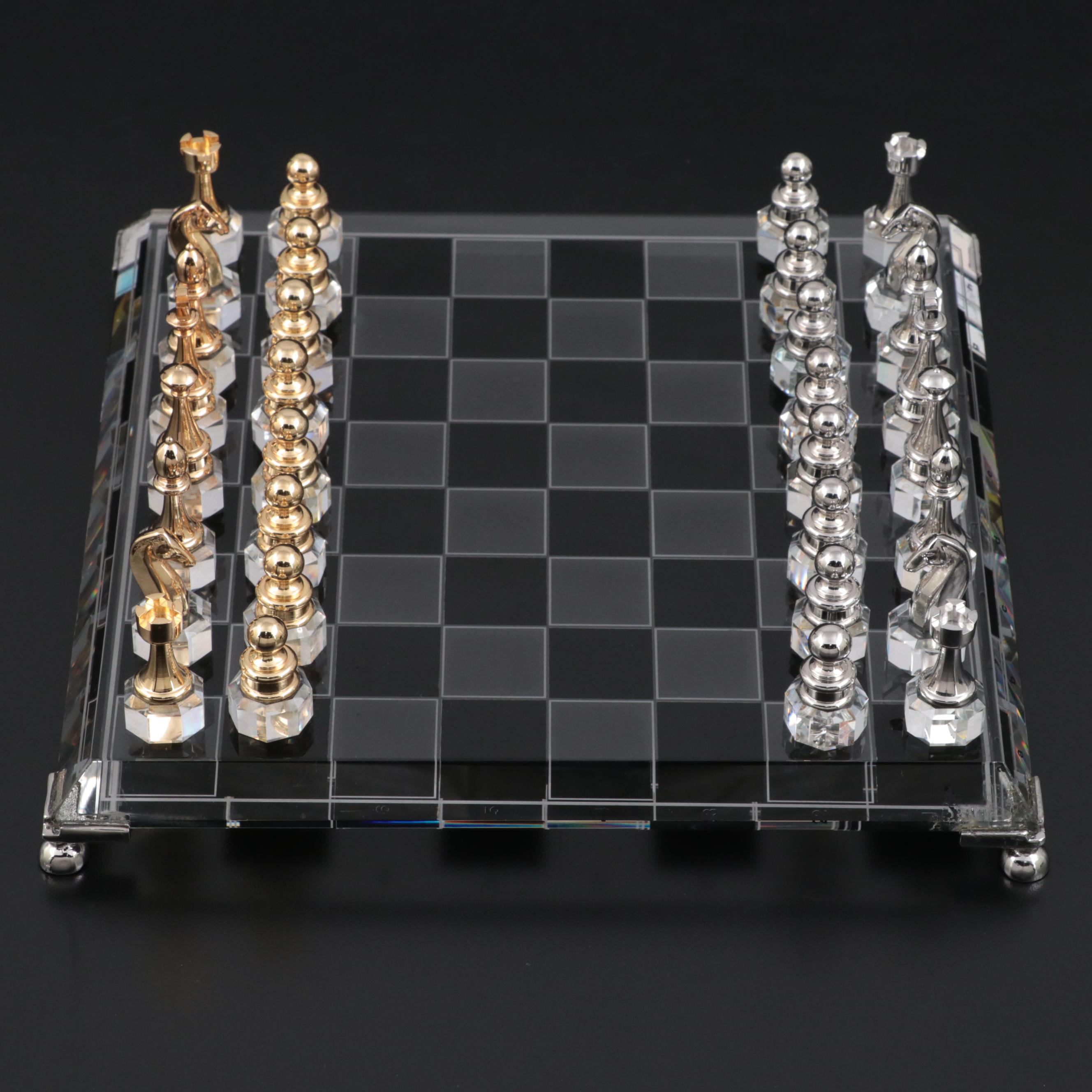 24K Gold Plate, Silver Plate and Crystal Chess Set Crystal Chess Board