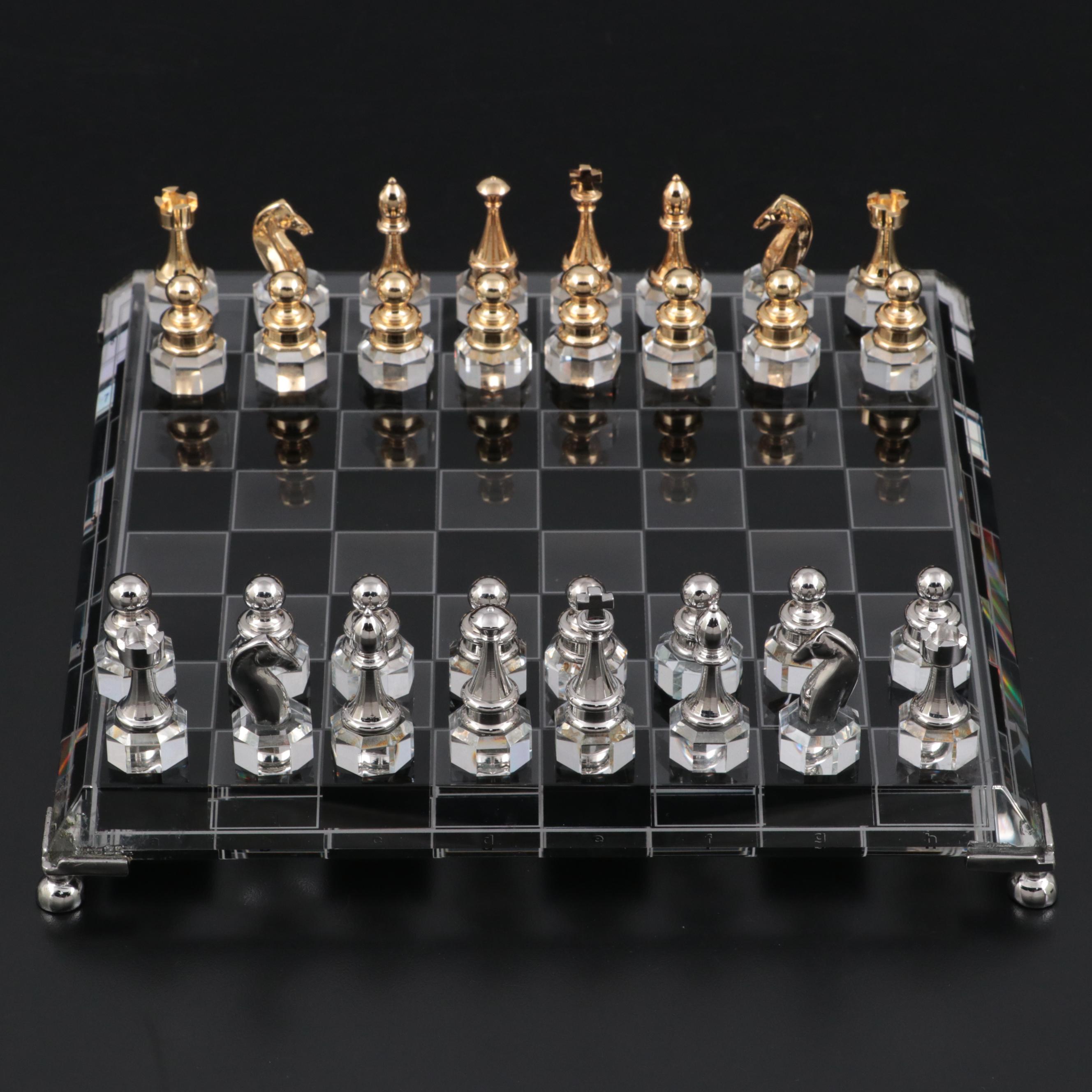24K Gold Plate, Silver Plate and Crystal Chess Set Crystal Chess Board