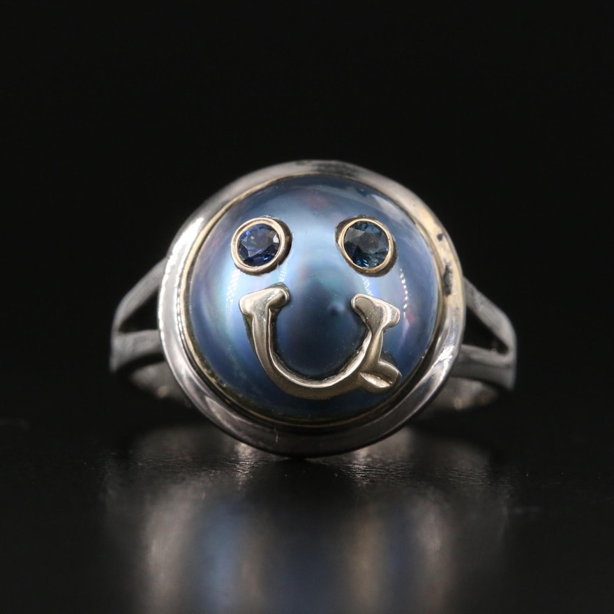 18K Mabé Pearl and Sapphire Smiley Face Ring