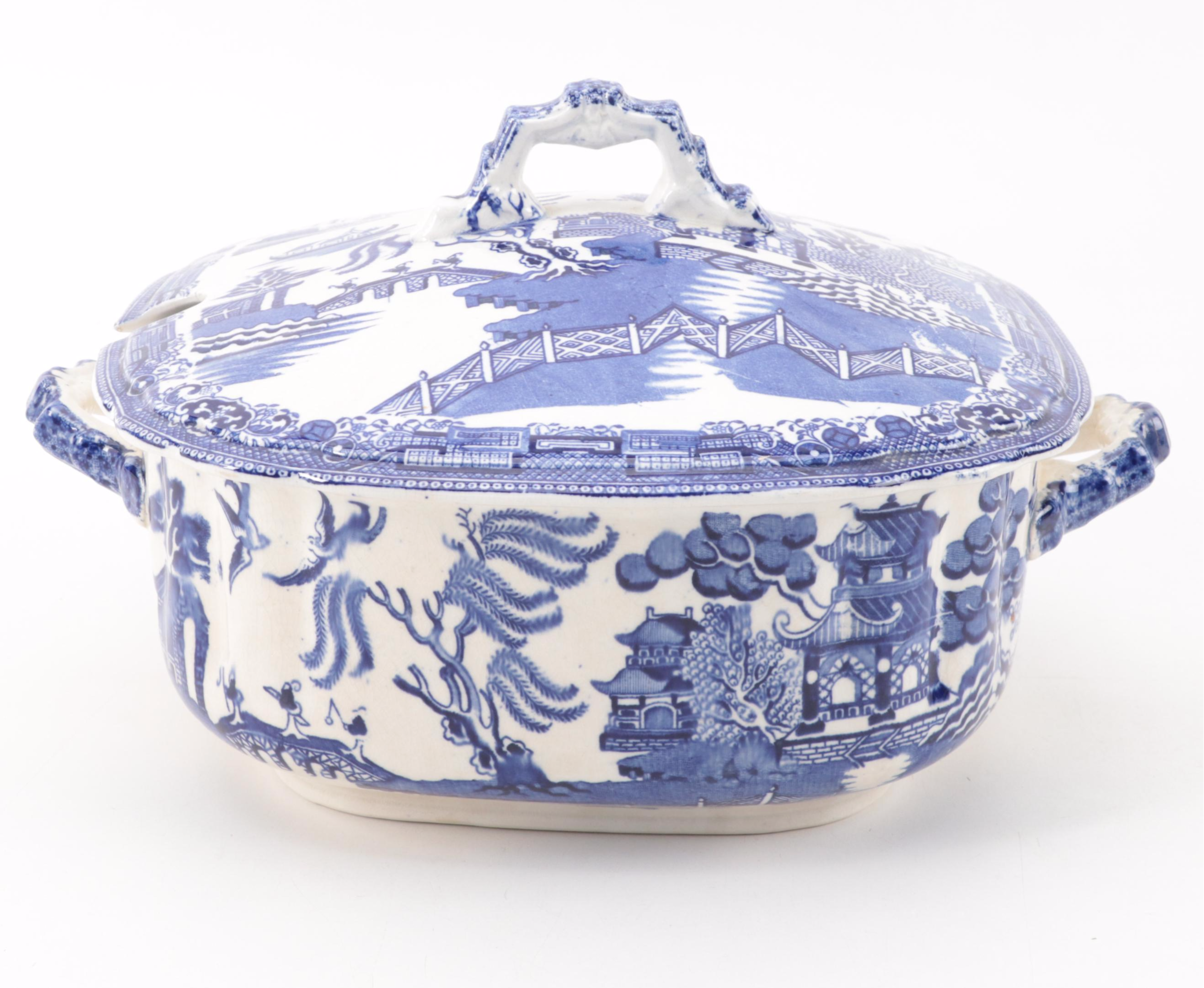 Wedgwood "Willow Blue" Tureen with Other English Blue Willow Tableware