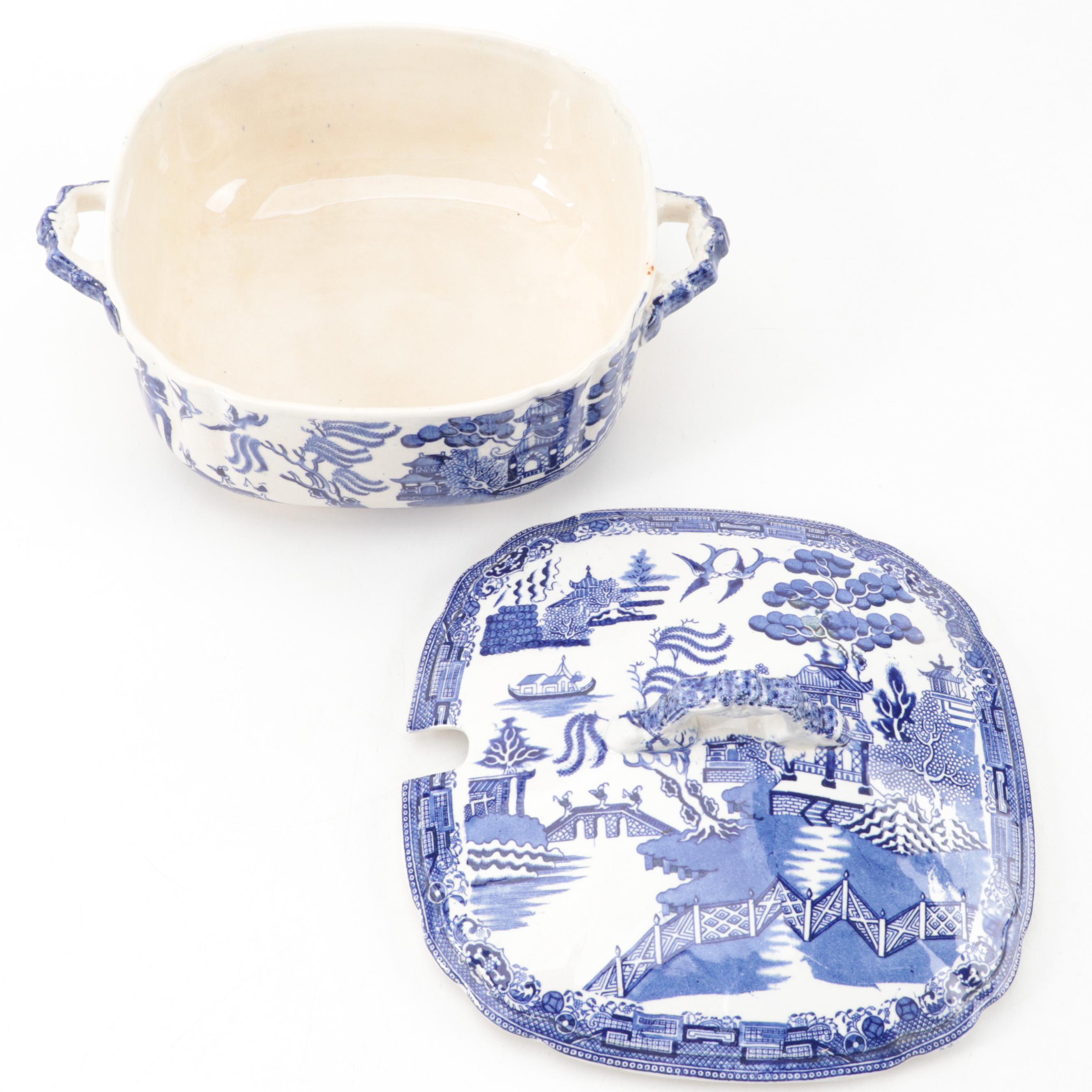 Wedgwood "Willow Blue" Tureen with Other English Blue Willow Tableware