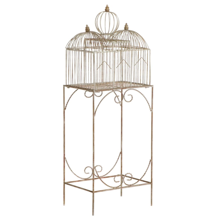 Victorian Style Wire Lift-Top Bird Cage Form Plant Stand