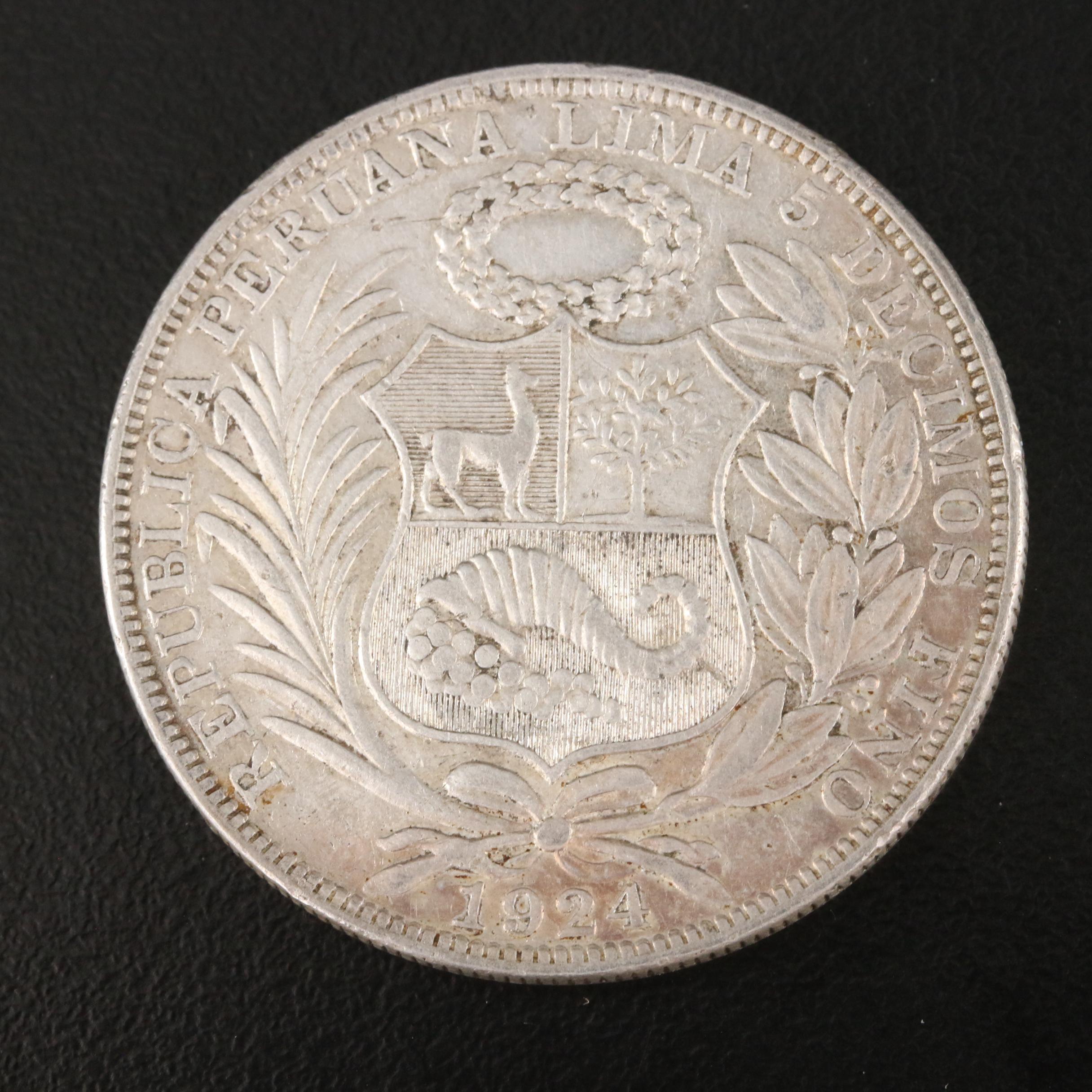 1924 Peru 1-Sol Silver Coin