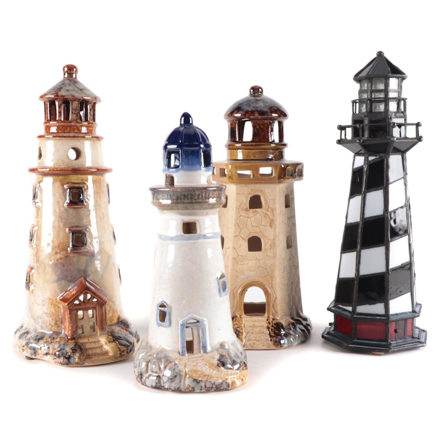 Ceramic Candle Holder Lighthouses with Stained Glass Lighthouse Lamp