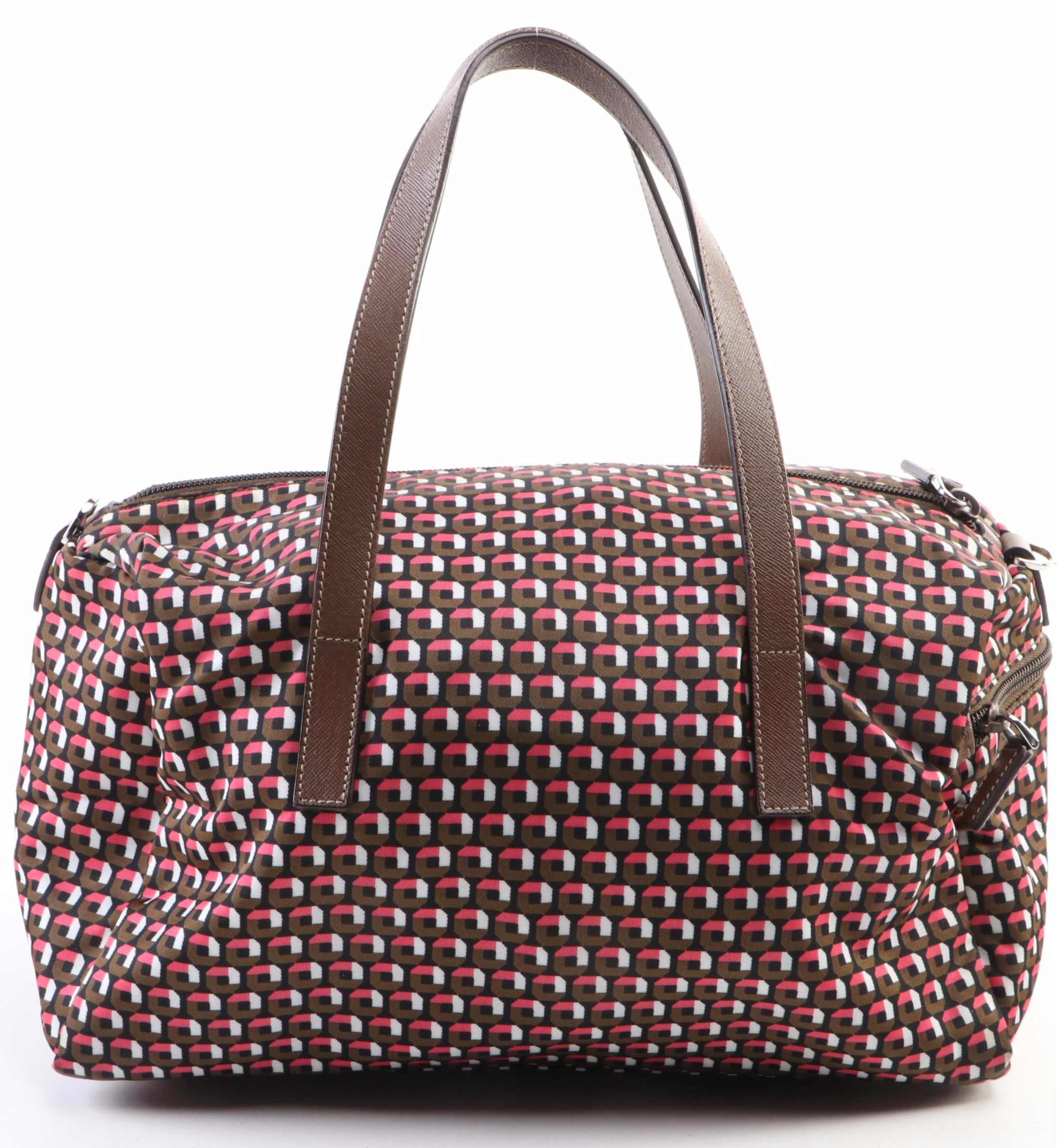 Prada Boston Handbag in Printed Tessuto Nylon with Brown Leather Trim