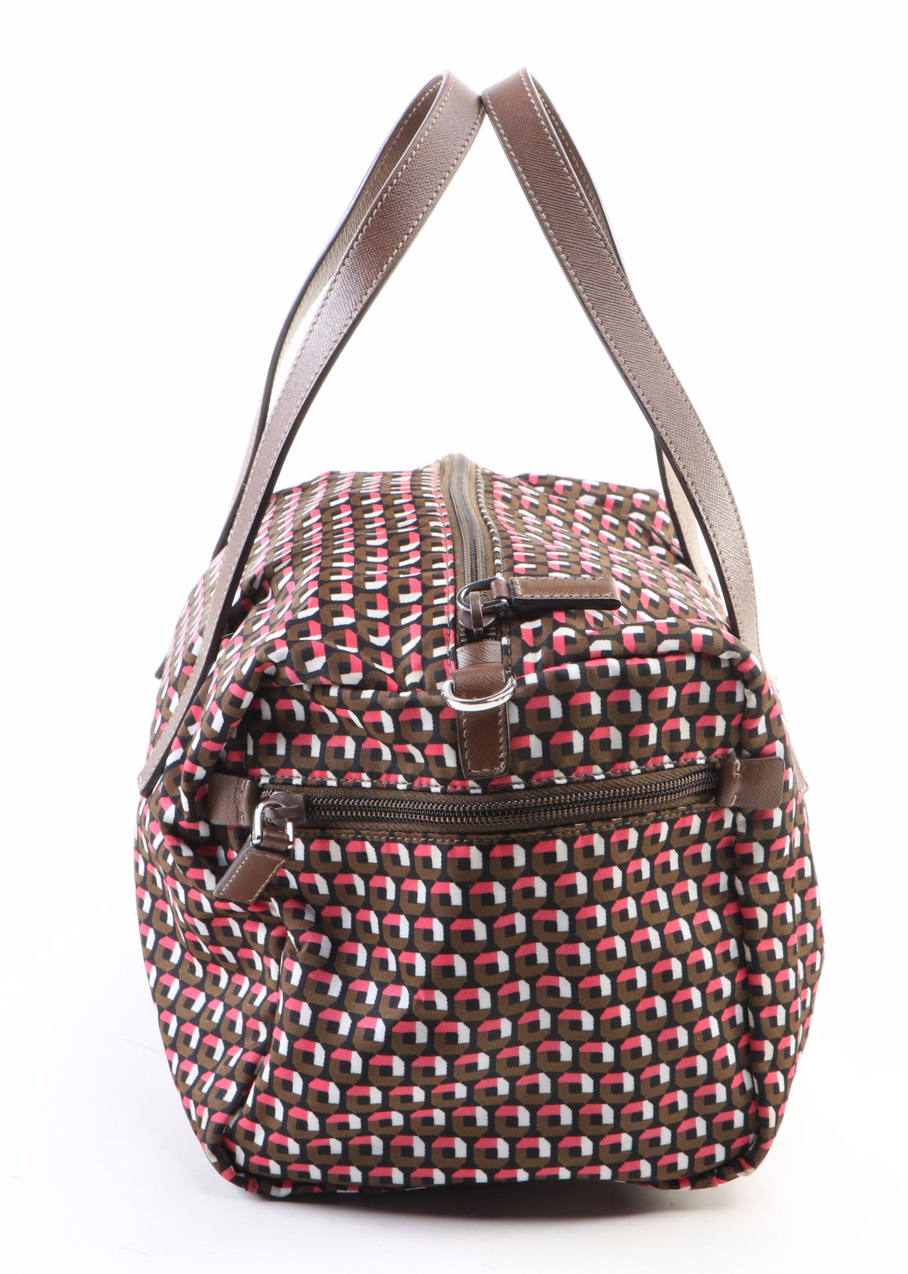 Prada Boston Handbag in Printed Tessuto Nylon with Brown Leather Trim