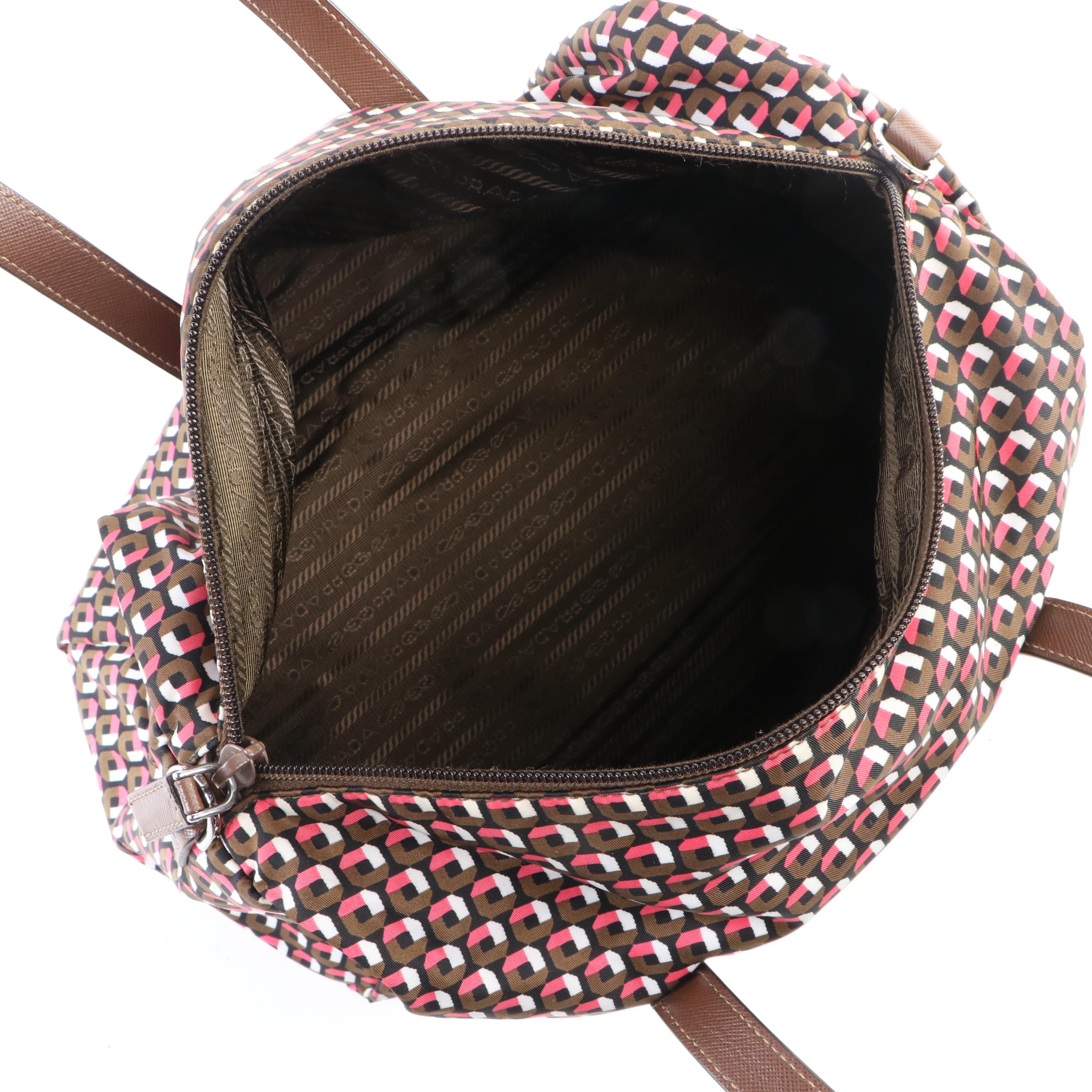 Prada Boston Handbag in Printed Tessuto Nylon with Brown Leather Trim