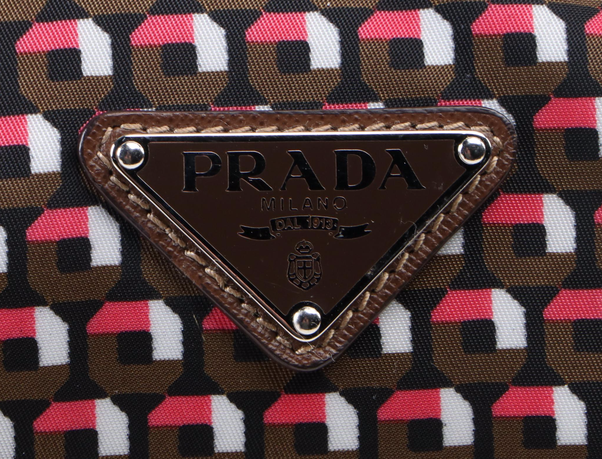 Prada Boston Handbag in Printed Tessuto Nylon with Brown Leather Trim