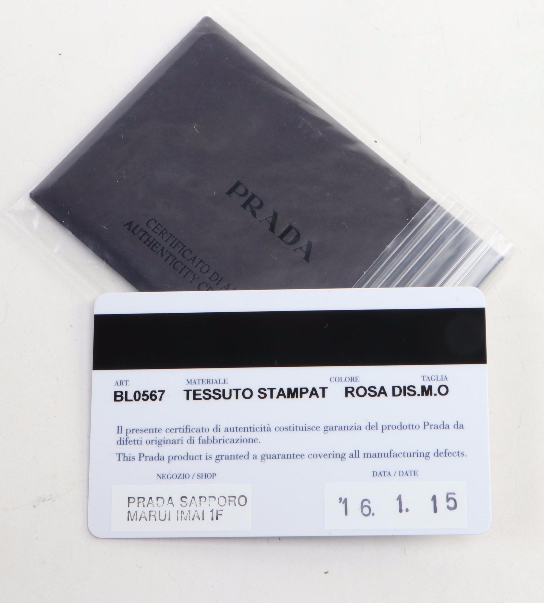 Prada Boston Handbag in Printed Tessuto Nylon with Brown Leather Trim