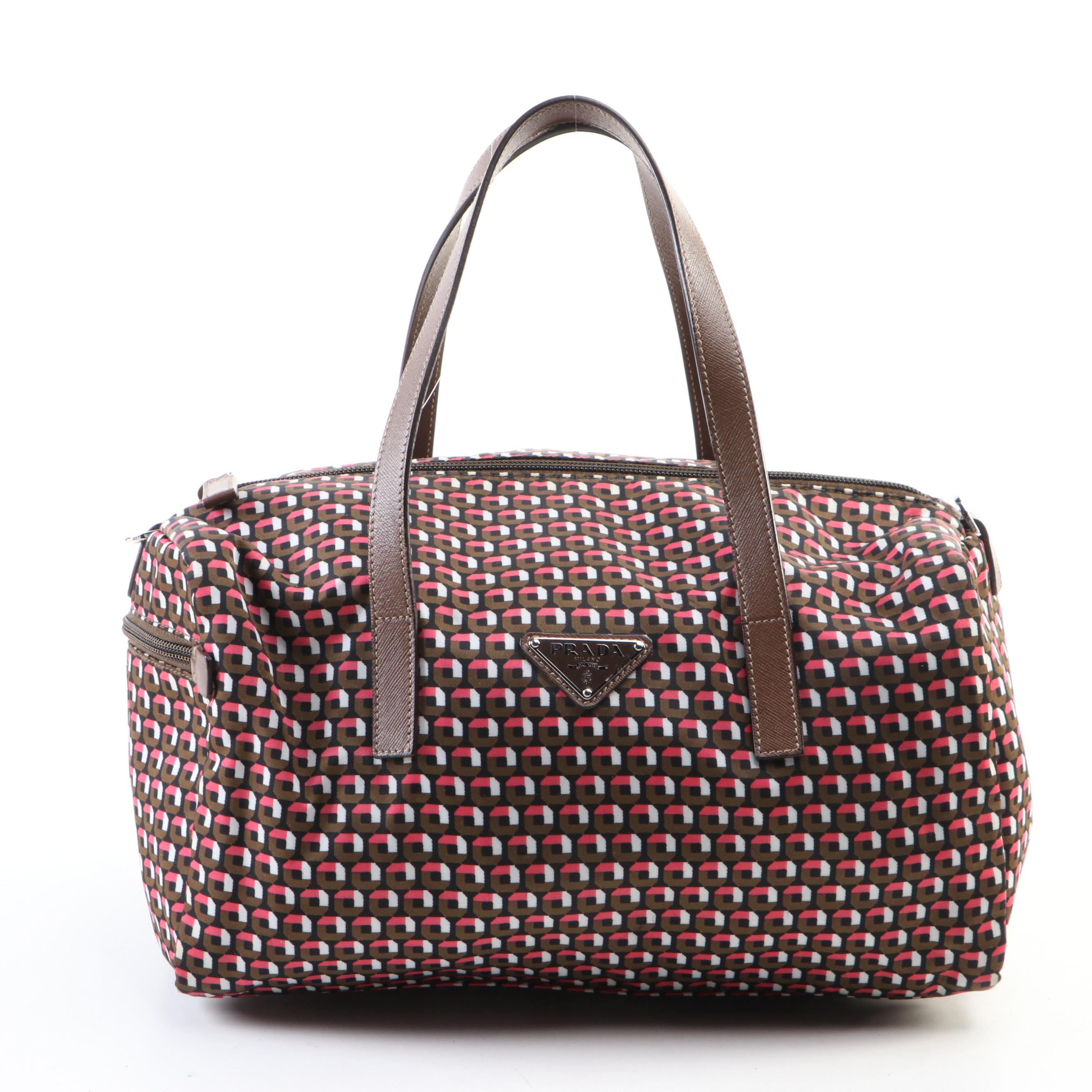 Prada Boston Handbag in Printed Tessuto Nylon with Brown Leather Trim