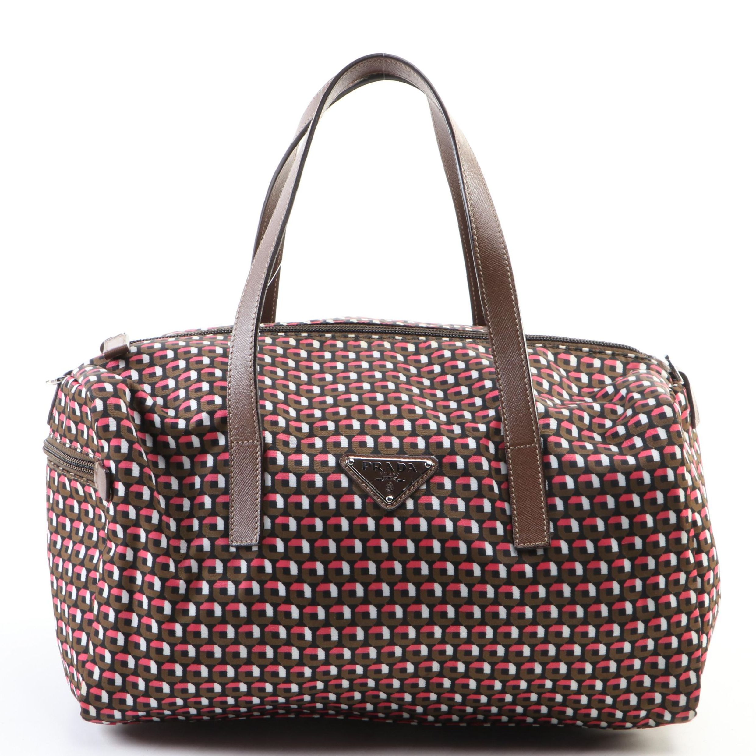 Prada Boston Handbag in Printed Tessuto Nylon with Brown Leather Trim