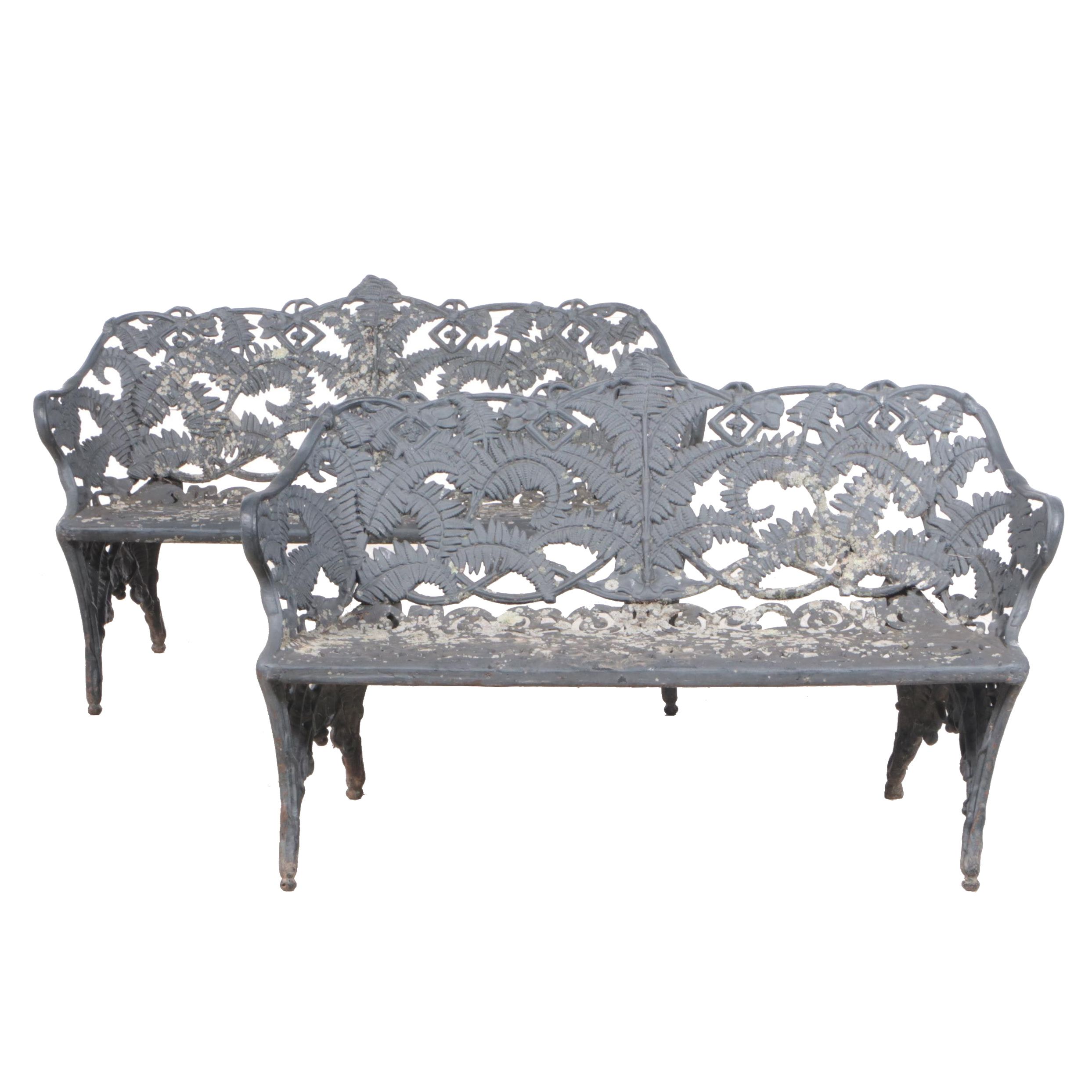Pair of Victorian Cast Iron Fern Leaf Garden Benches After Coalbrookdale