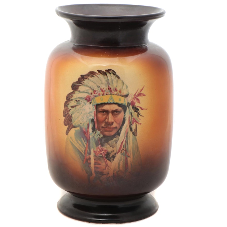 Warwick China Co. Native American Portrait Vase, Early 20th Century