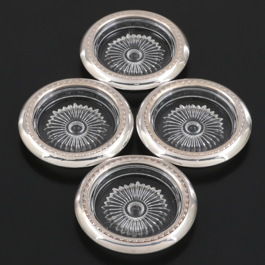 American Sterling Silver and Glass Coasters, Mid-20th Century