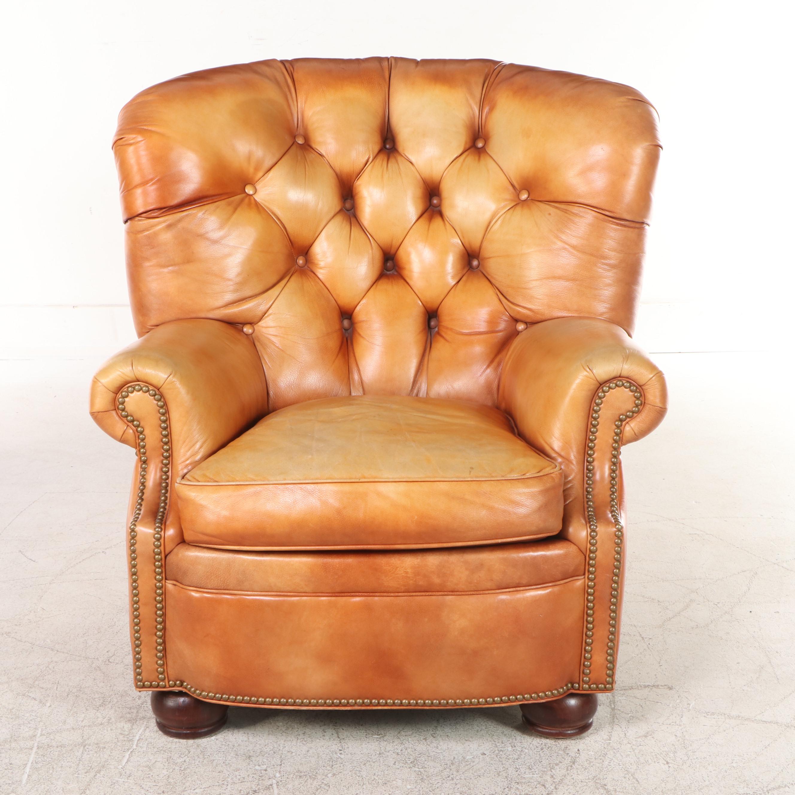Hancock & Moore Button Tufted Leather Wingback Club Chair and Ottoman