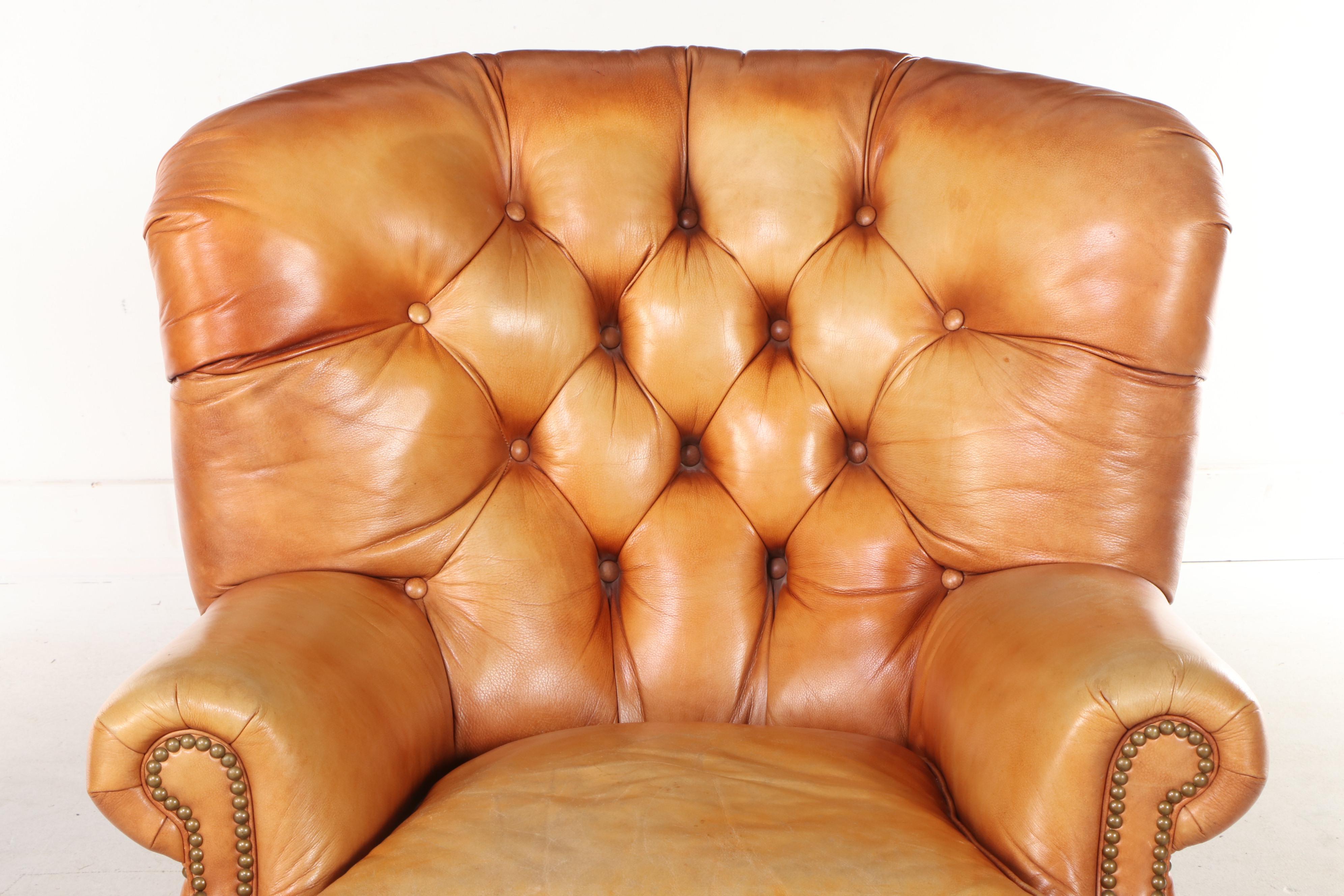 Hancock & Moore Button Tufted Leather Wingback Club Chair and Ottoman