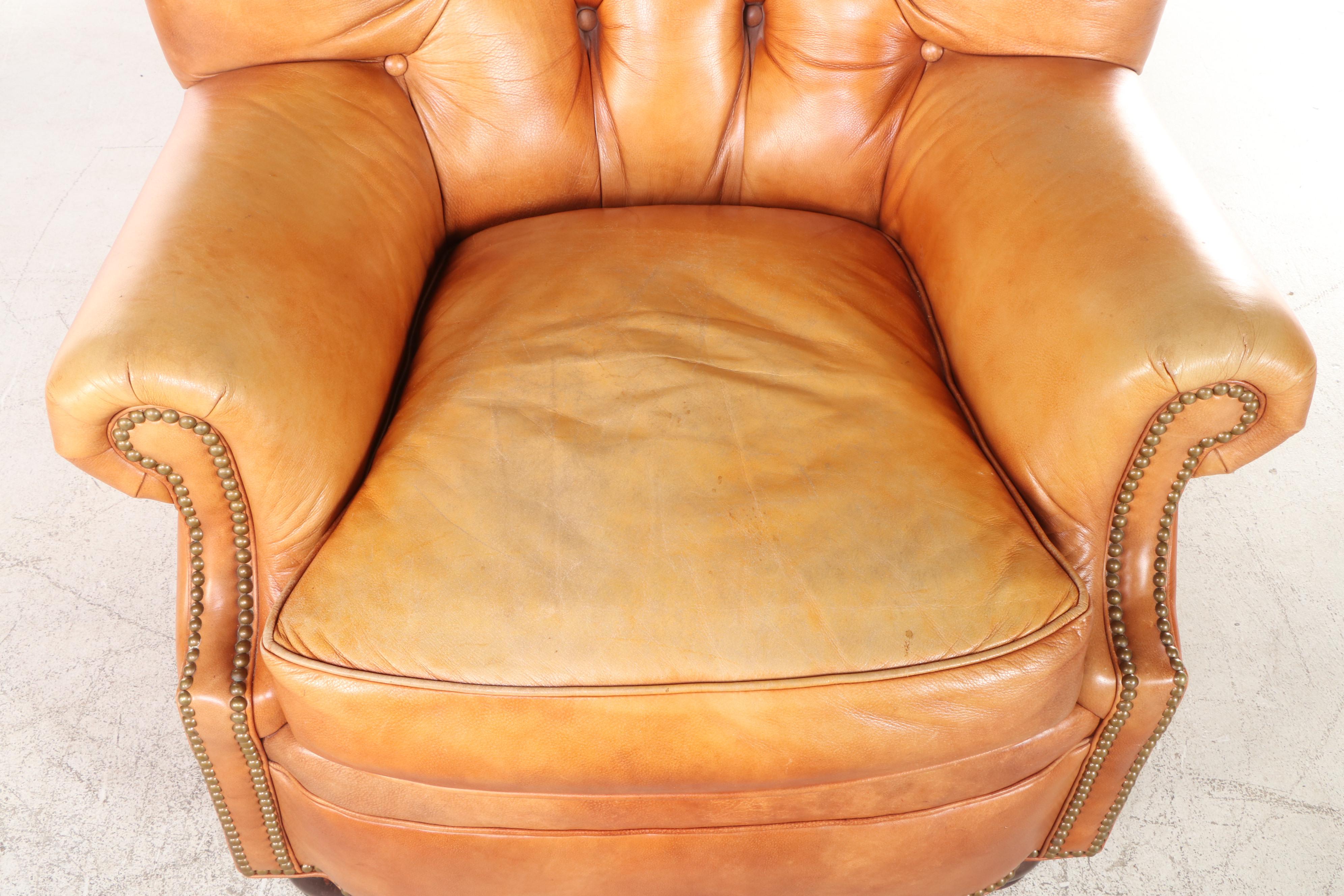 Hancock & Moore Button Tufted Leather Wingback Club Chair and Ottoman