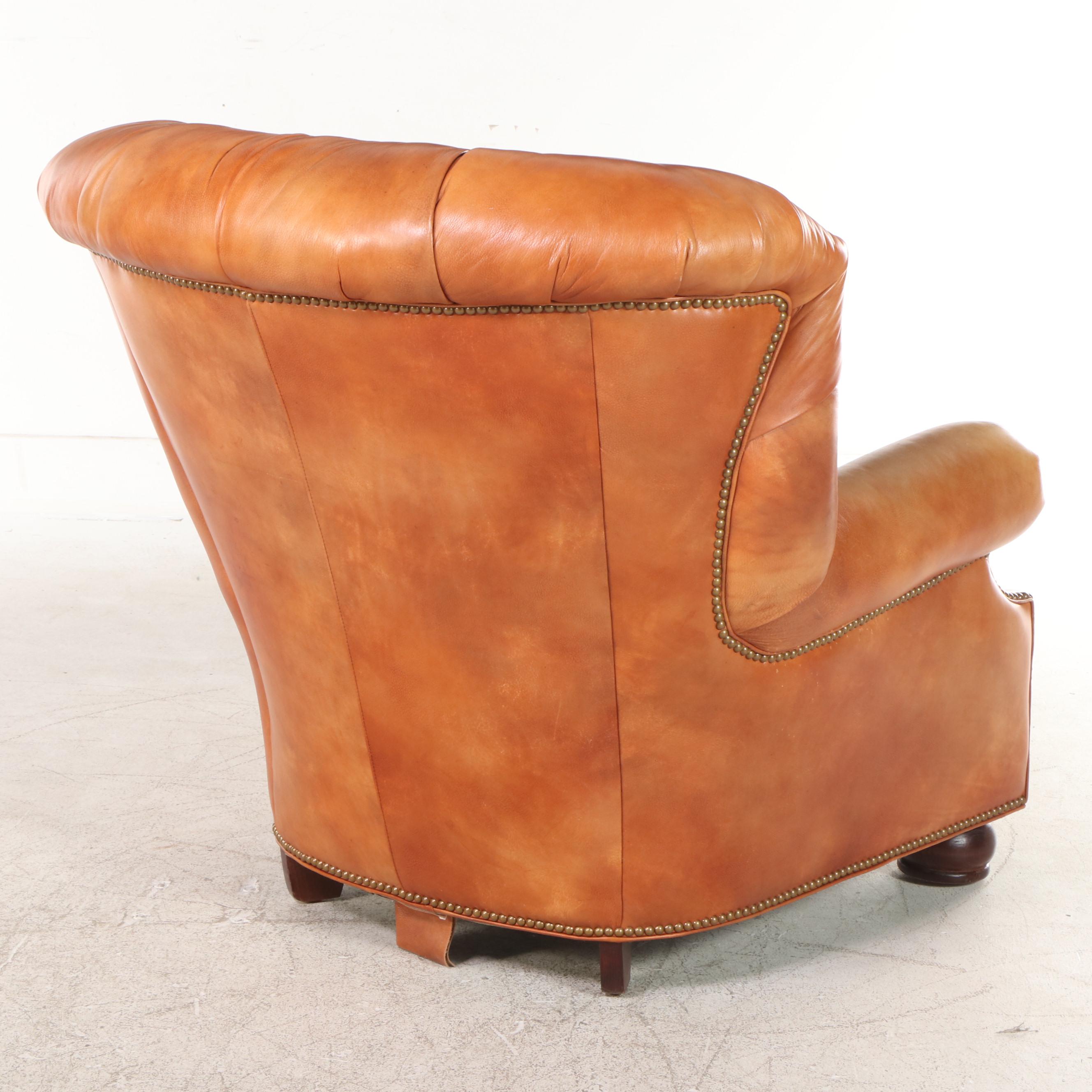 Hancock & Moore Button Tufted Leather Wingback Club Chair and Ottoman