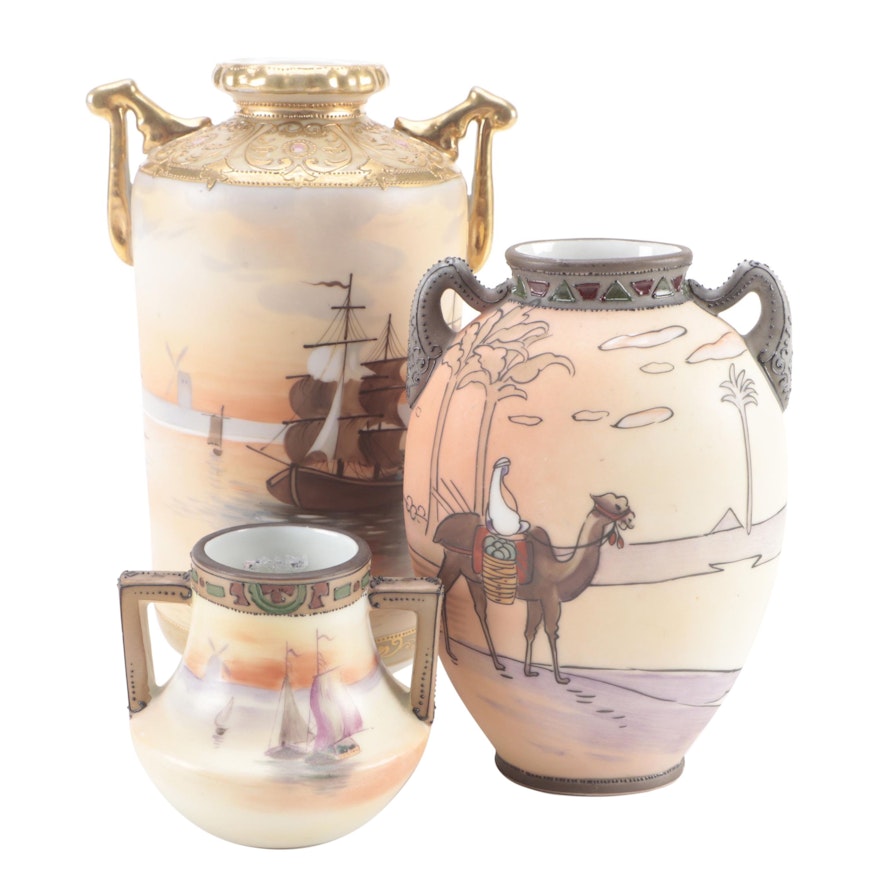 Morimura Bros. Nippon Hand-Painted Landscape Porcelain Vases, Early 20th C.