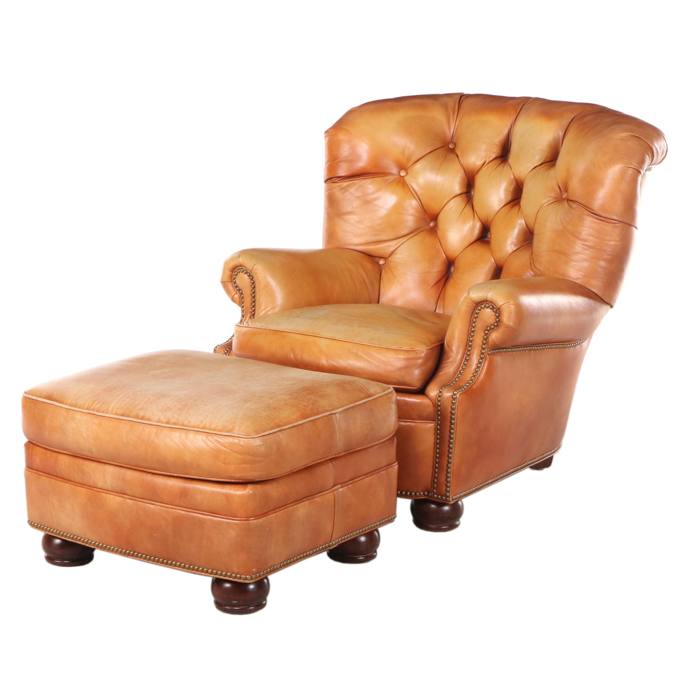 Hancock & Moore Button Tufted Leather Wingback Club Chair and Ottoman