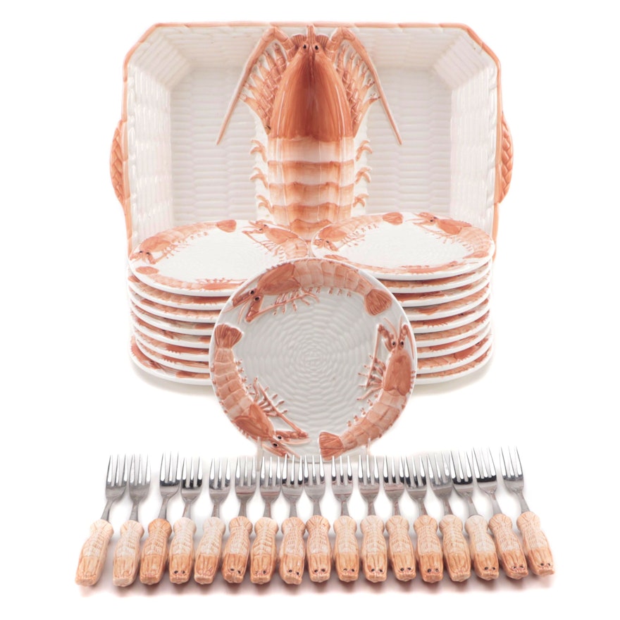 Japanese Ceramic Shrimp Serving Platter with Shrimp Plates and Seafood Forks