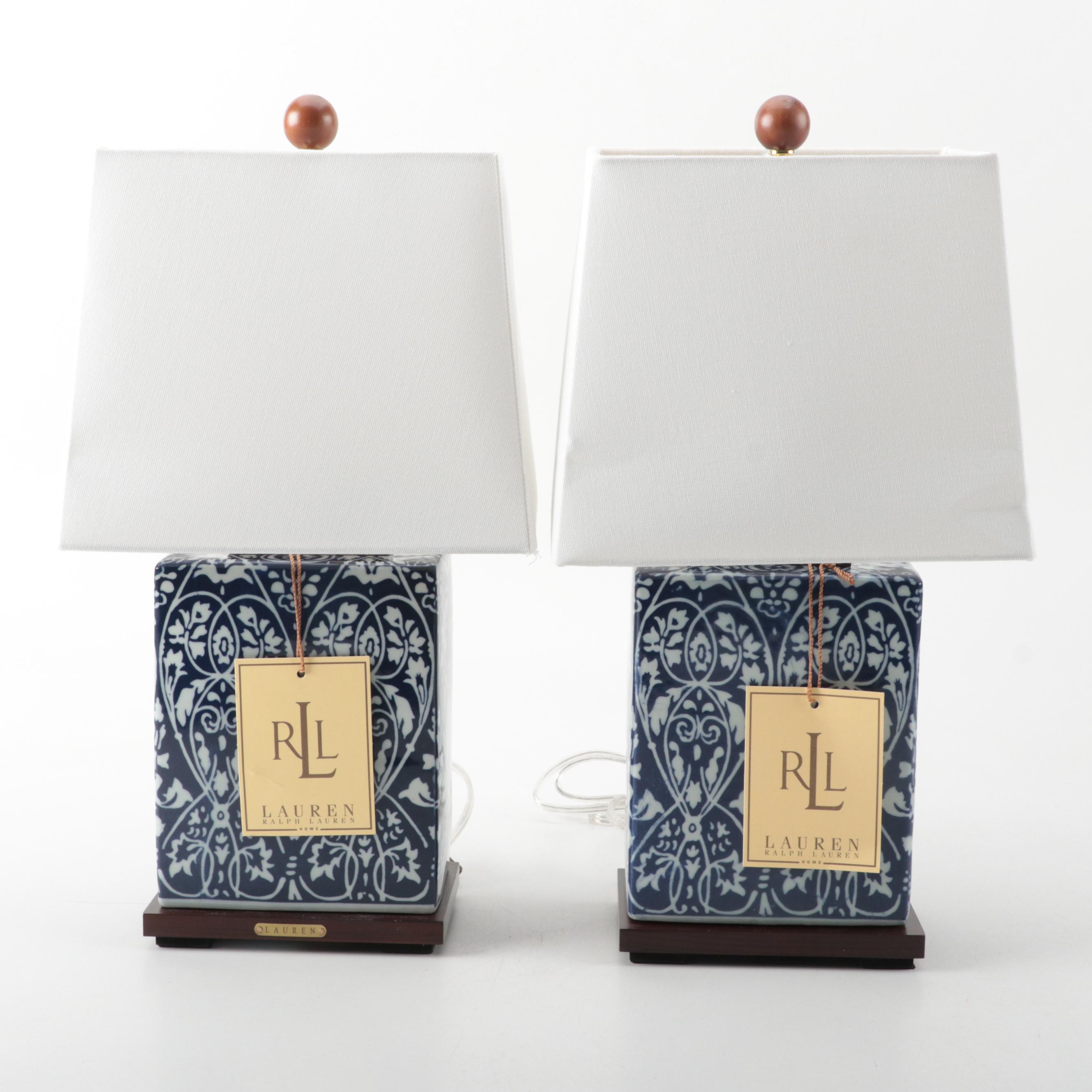 Pair of Ralph Lauren Blue and White Floral Ceramic Table Lamps