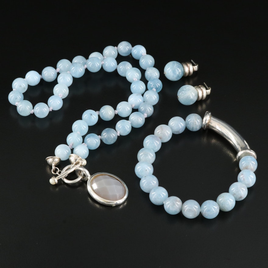 Sterling Aquamarine Jewelry Set with Chalcedony Pendant