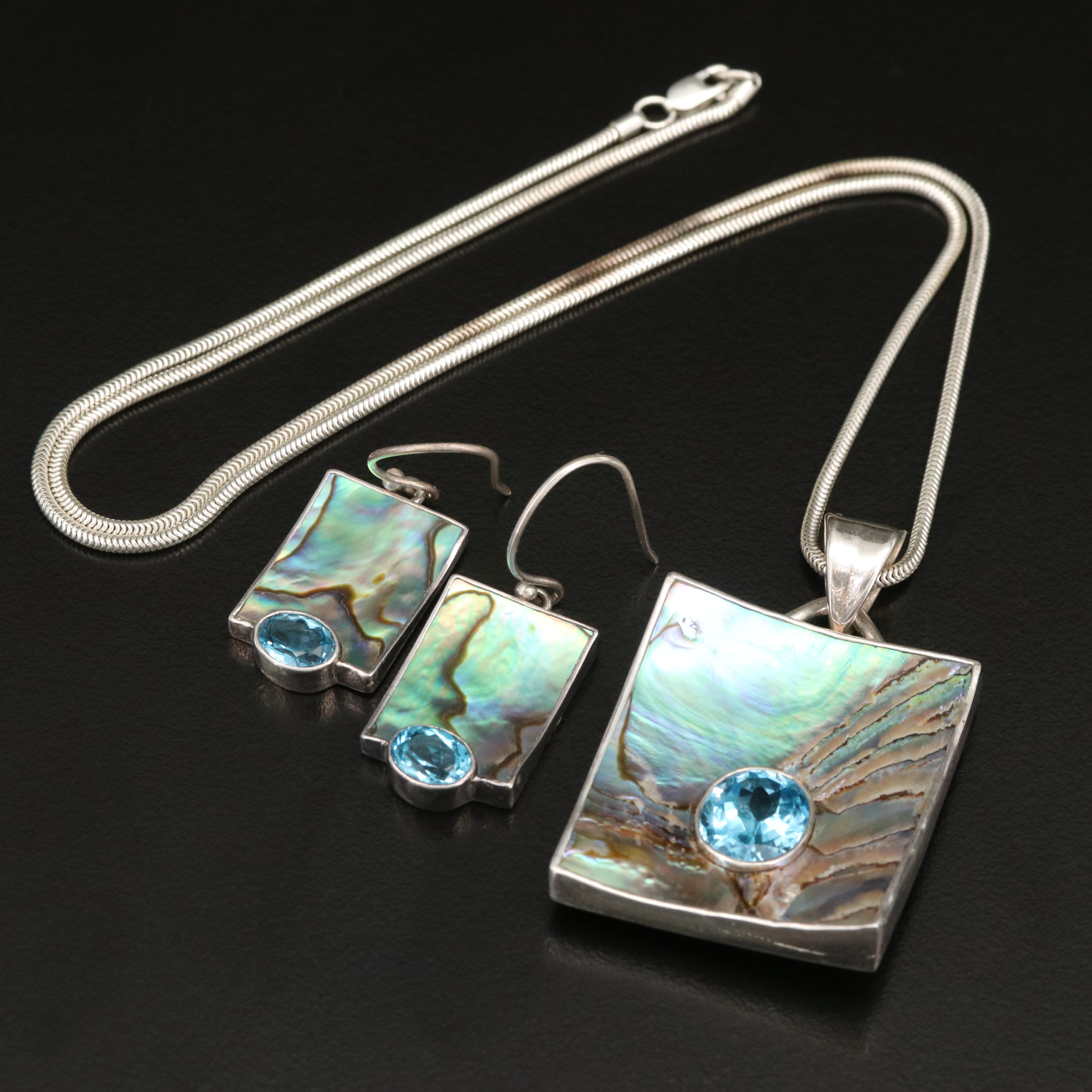 Marta Howell Sterling Abalone and Topaz Necklace and Earring Set