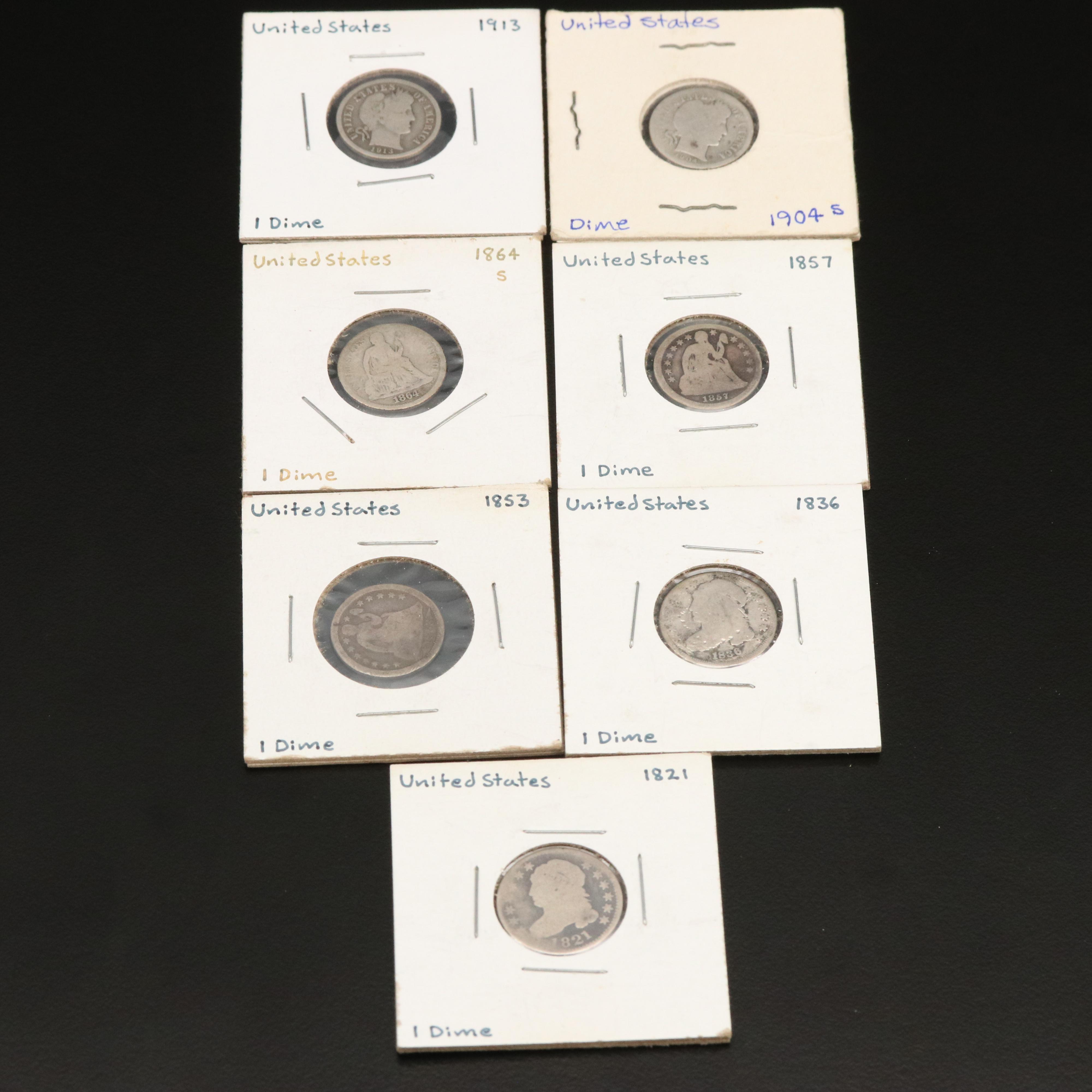 Group of Antique Silver Dimes, 1821 to 1913