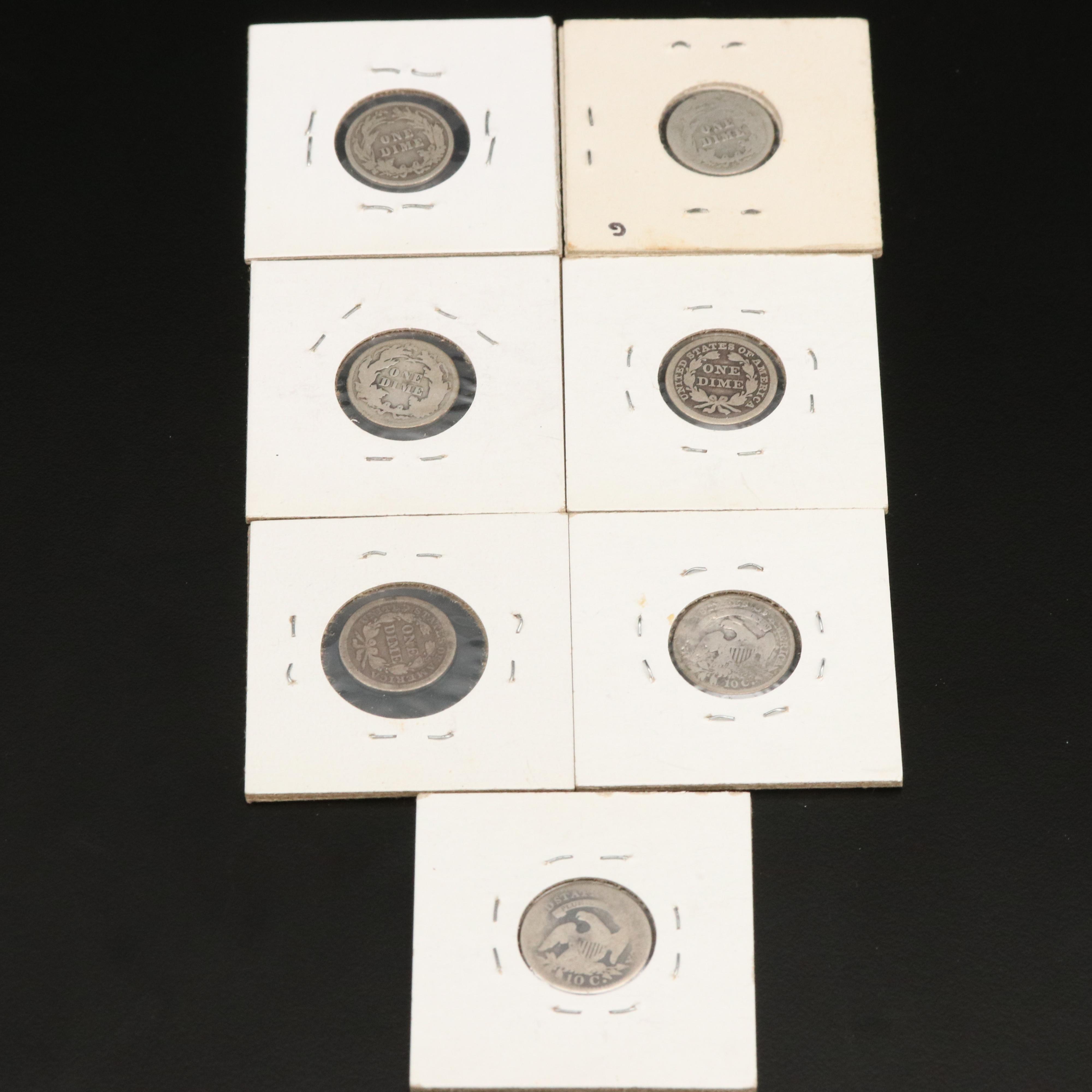 Group of Antique Silver Dimes, 1821 to 1913