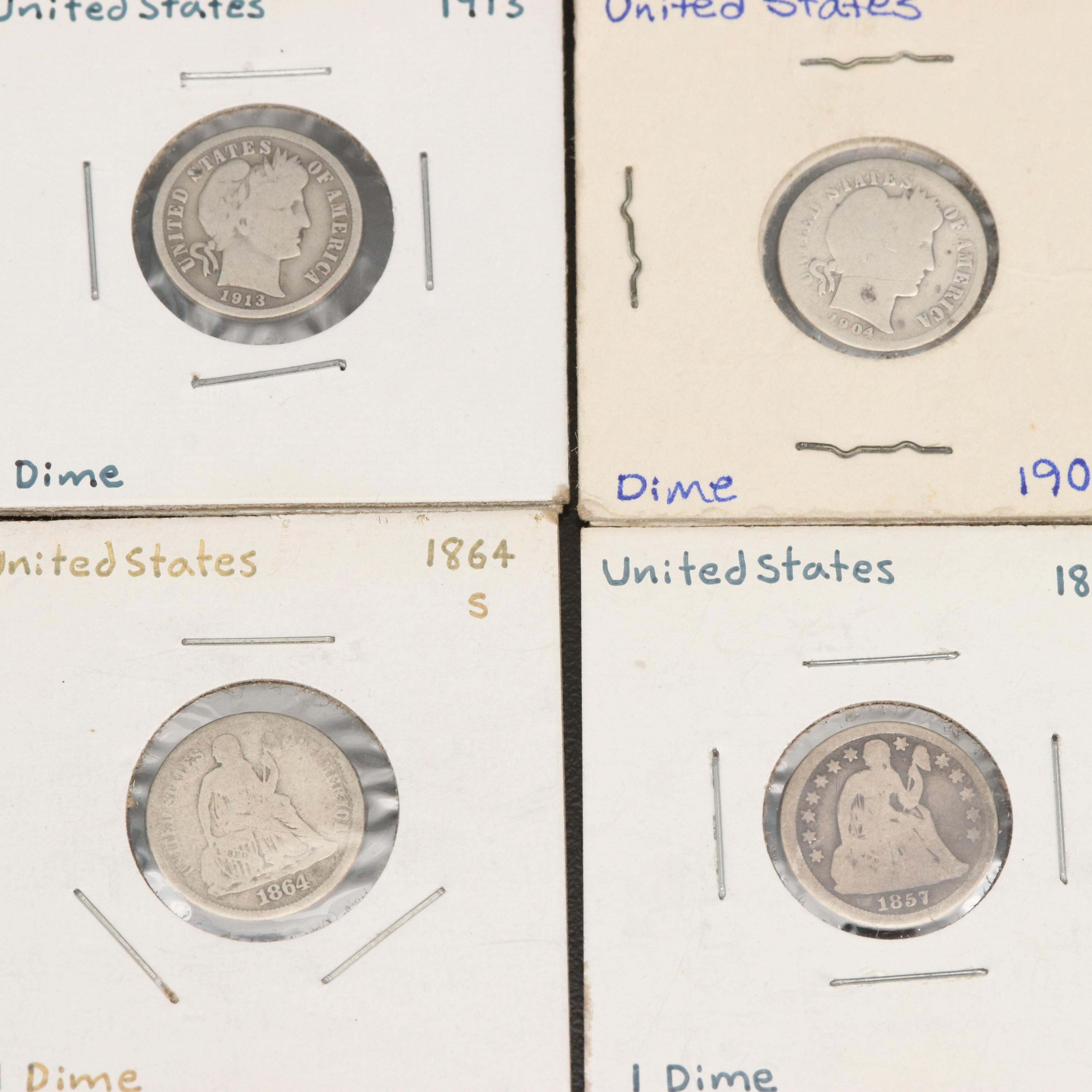 Group of Antique Silver Dimes, 1821 to 1913