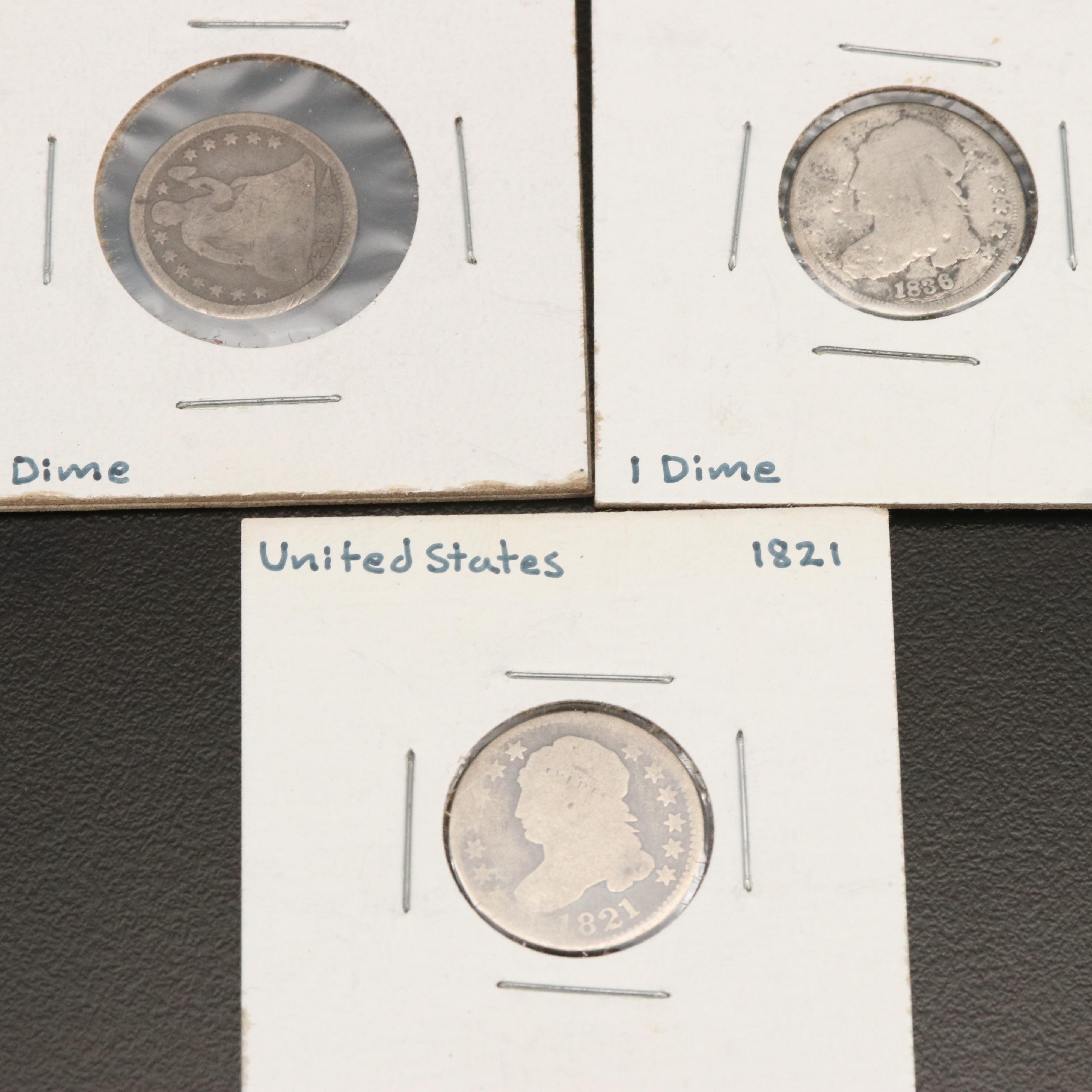 Group of Antique Silver Dimes, 1821 to 1913