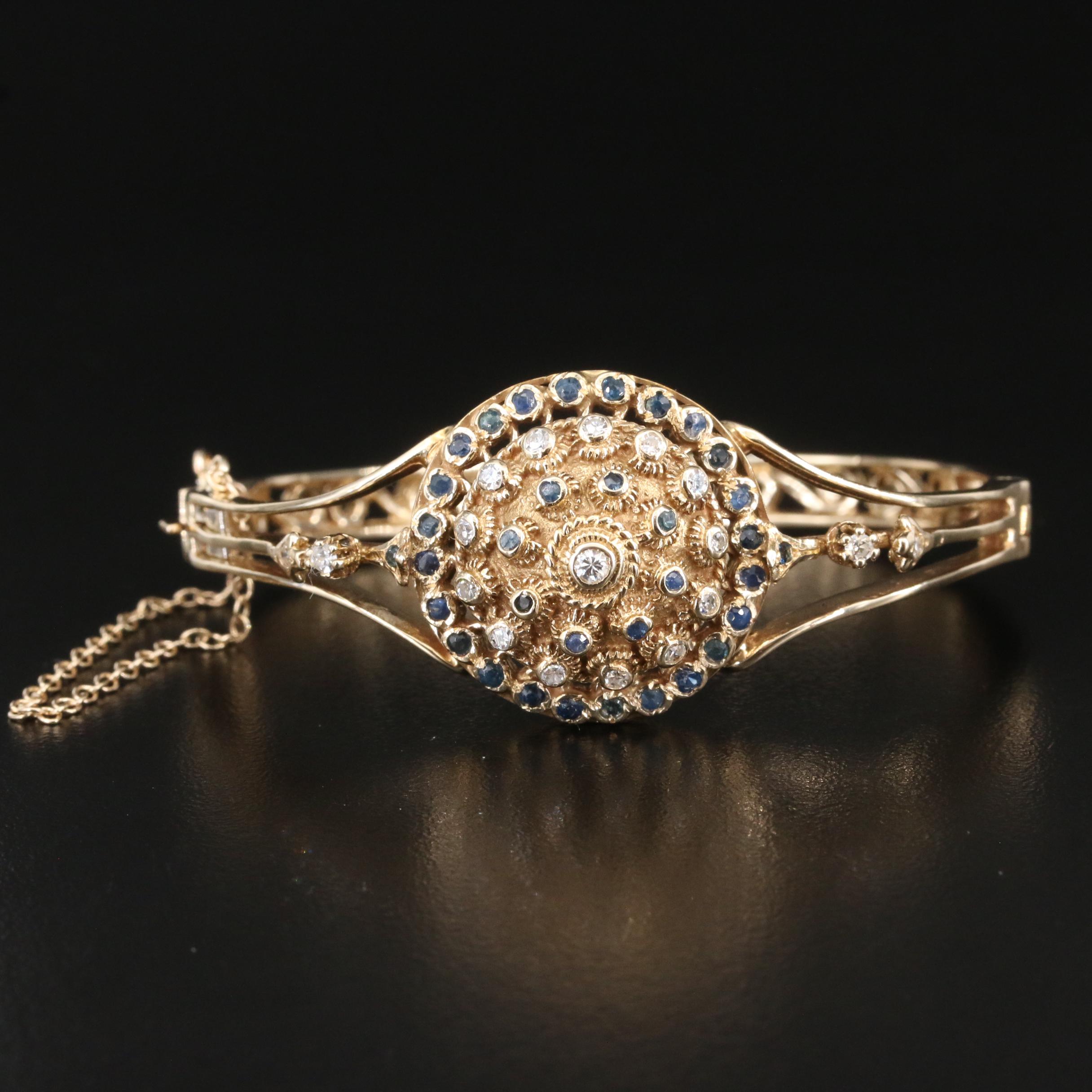 14K Diamond and Sapphire Hinged Bangle with Cannetille