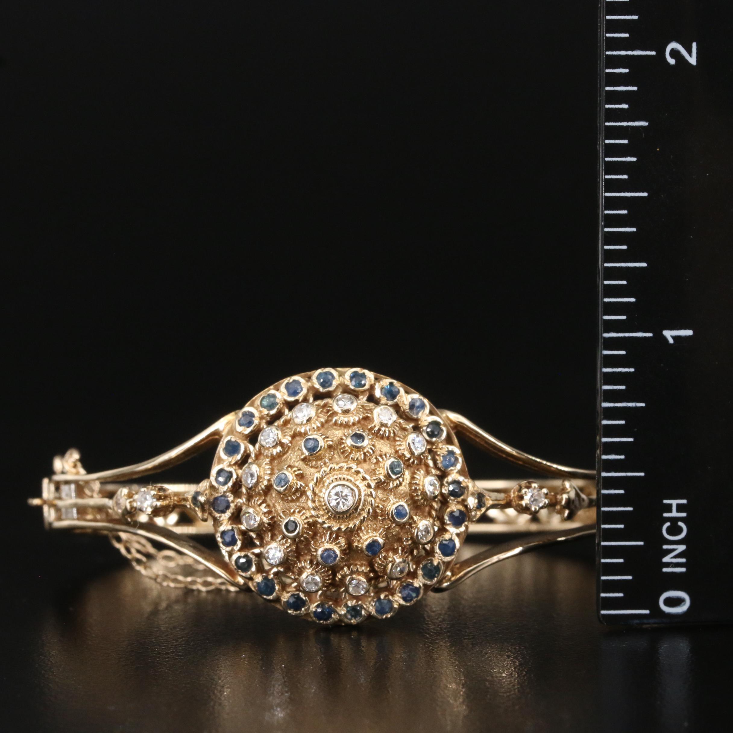 14K Diamond and Sapphire Hinged Bangle with Cannetille